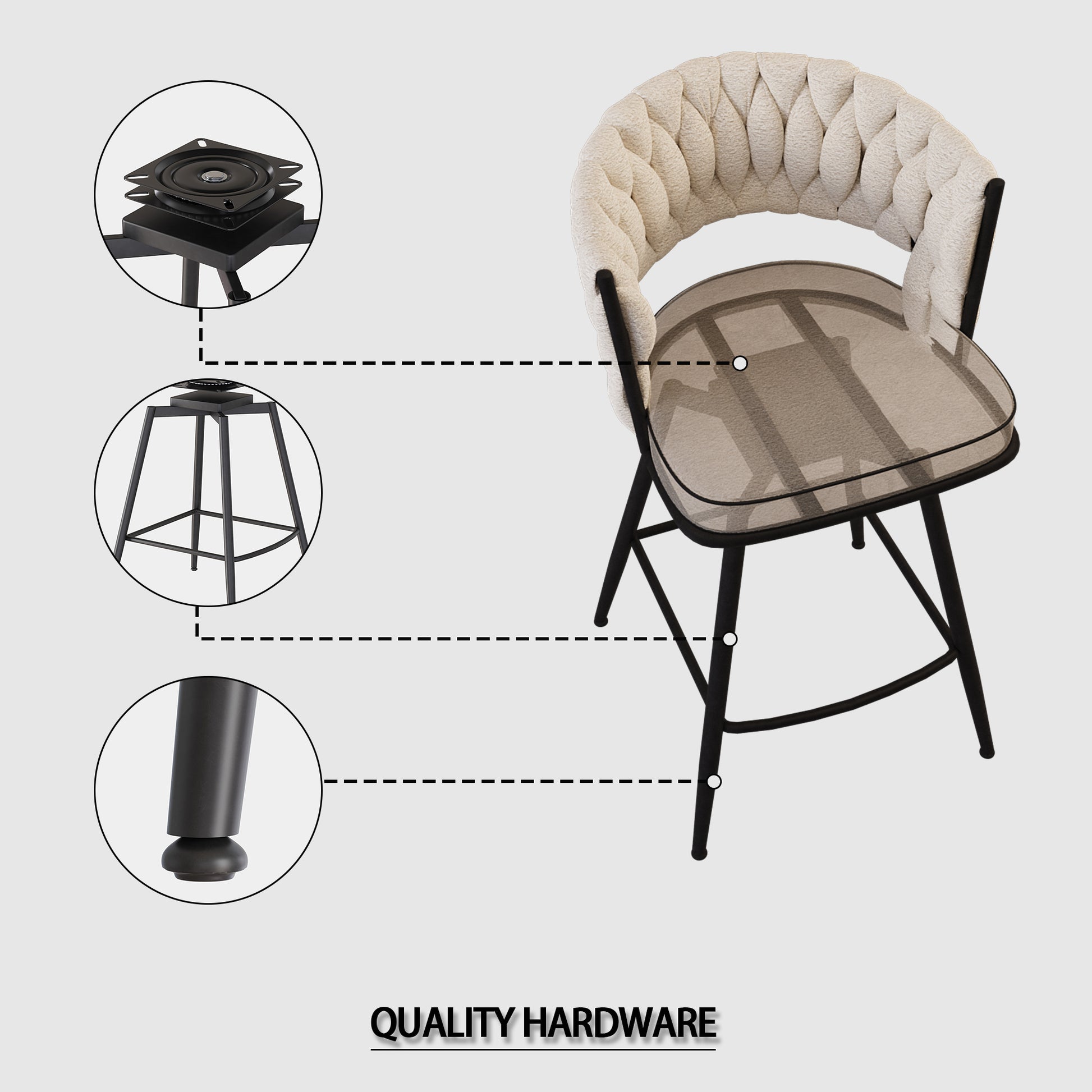 Bar Chair Suede Woven Bar Stool Set Of 4,Black Legs Barstools No Adjustable Kitchen Island Chairs,360 Swivel Bar Stools Upholstered Bar Chair Counter Stool Arm Chairs With Back Footrest, White Metal White Kitchen Dining Chairs Foam Technical Leather