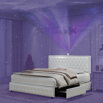 Queen Size Bed Frame With 4 Drawers, Star Galaxy Projector, Usb Charger, Music Speaker, Adjustable Upholstered Headboard With Diamond Button,Pu Leather White Pu Mdf Metal