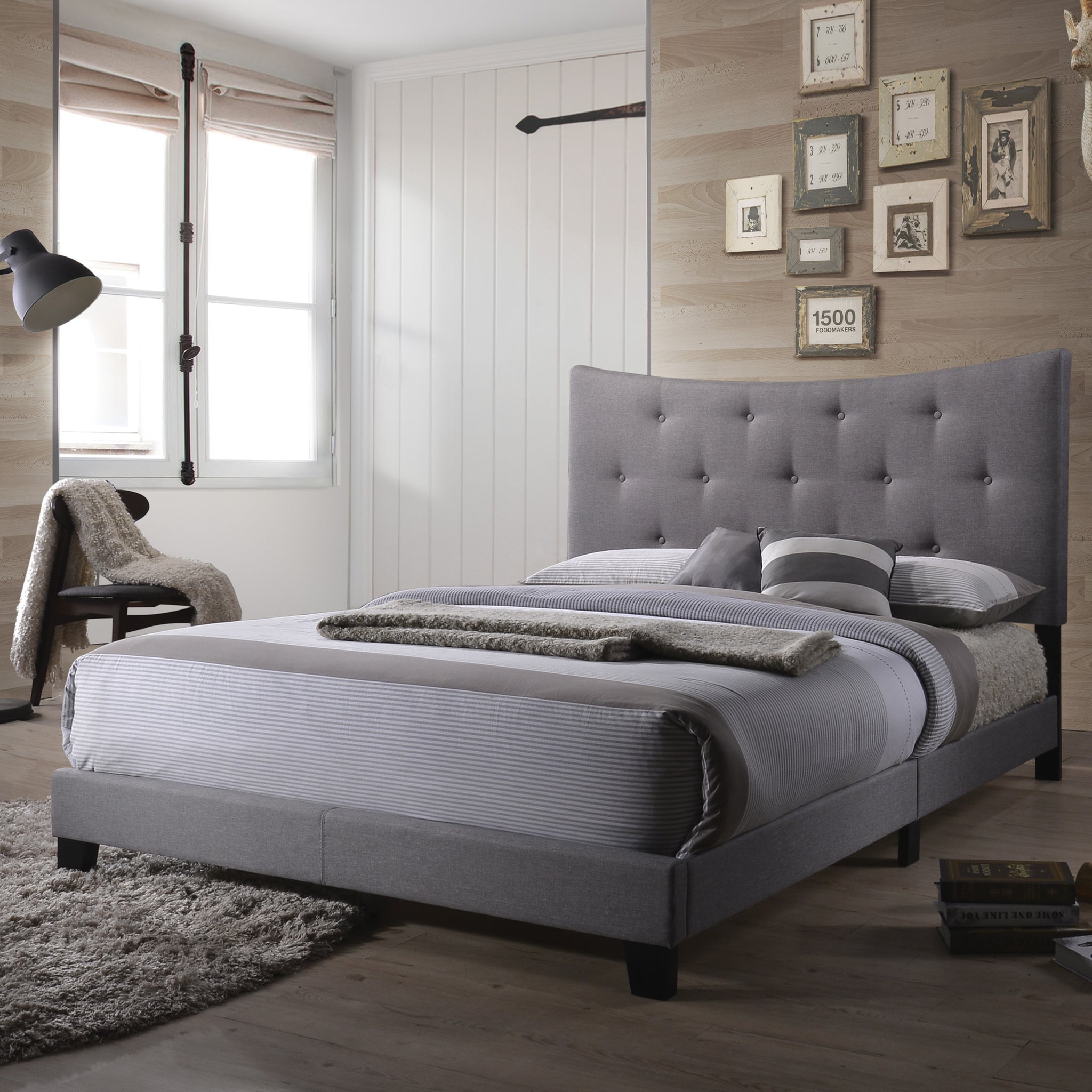 Grey Queen Bed With Tufted Headboard Box Spring Required Queen Grey Wood Bedroom Panel Wood Fabric