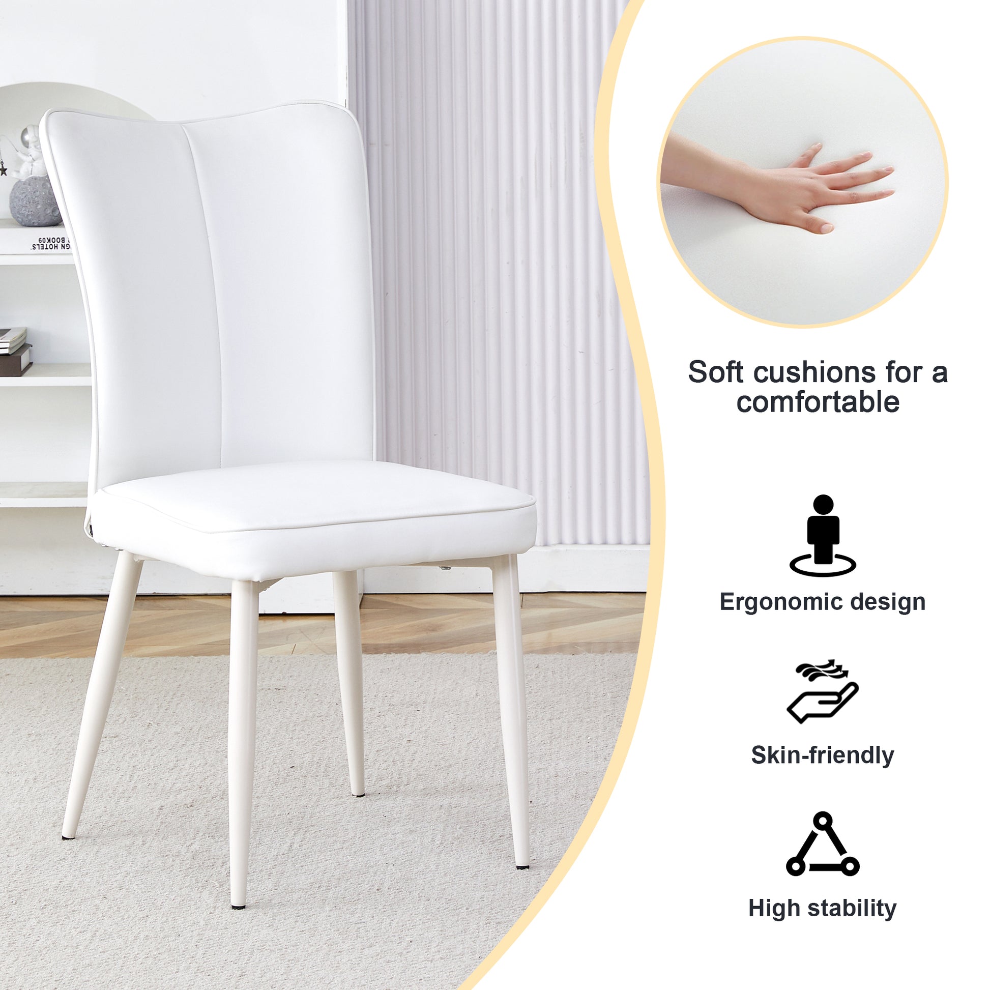 Table And Chair Set, Mdf Desktop, White Metal Table Legs, Stable And Beautiful, Suitable For Most Styles Of Home. Modern Simple Dining Table, Comfortable Seating. White Seats 4 Mdf