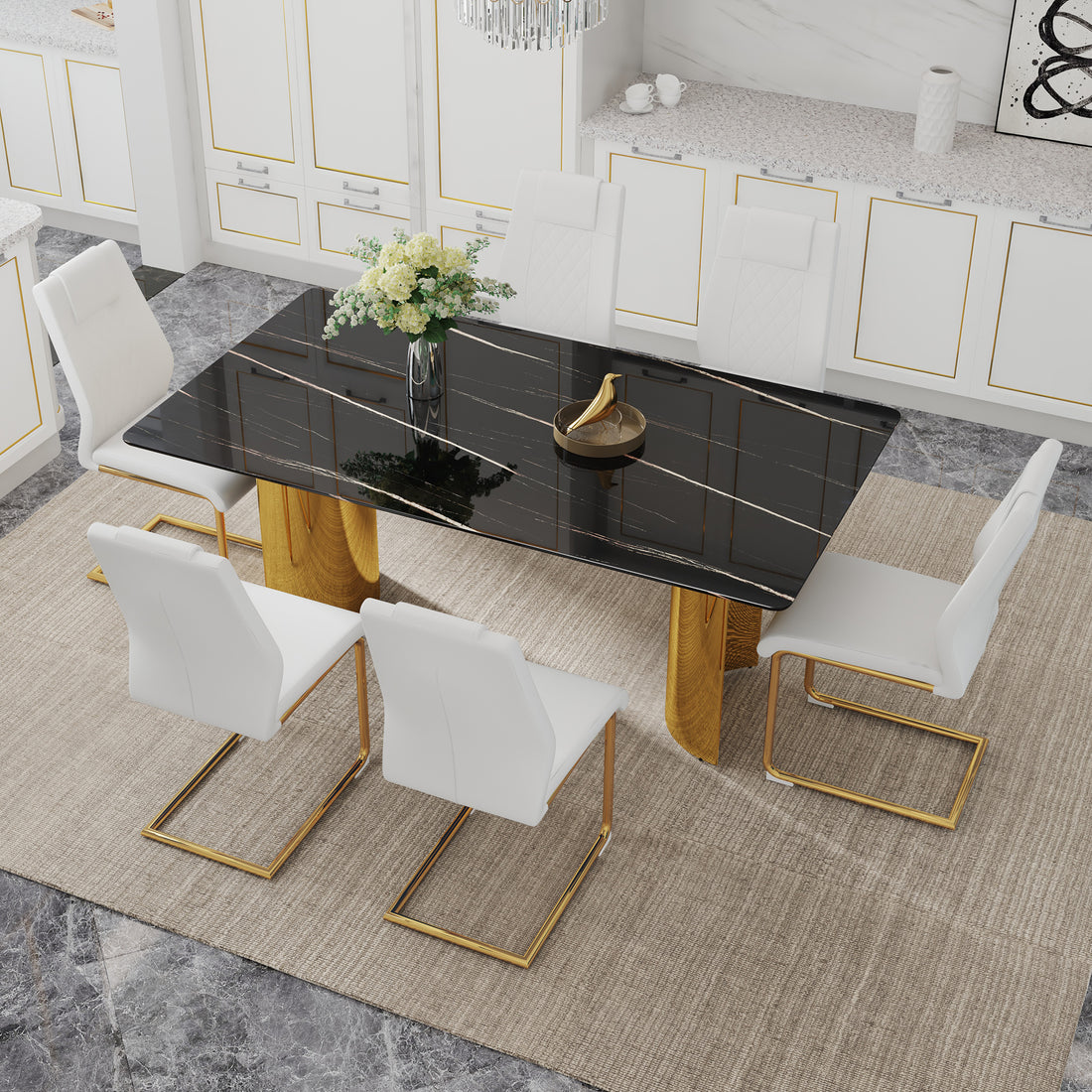 Table And Chair Set.The Table Has A Glass Tabletop With Imitation Marble Pattern Stickers And Stainless Steel Golden Table Legs. Paried With Comfortable Chairs With Pu Seats And Metal Legs. Gold Black Seats 6 Glass Metal