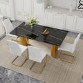Table And Chair Set.The Table Has A Glass Tabletop With Imitation Marble Pattern Stickers And Stainless Steel Golden Table Legs. Paried With Comfortable Chairs With Pu Seats And Metal Legs. Gold Black Seats 6 Glass Metal
