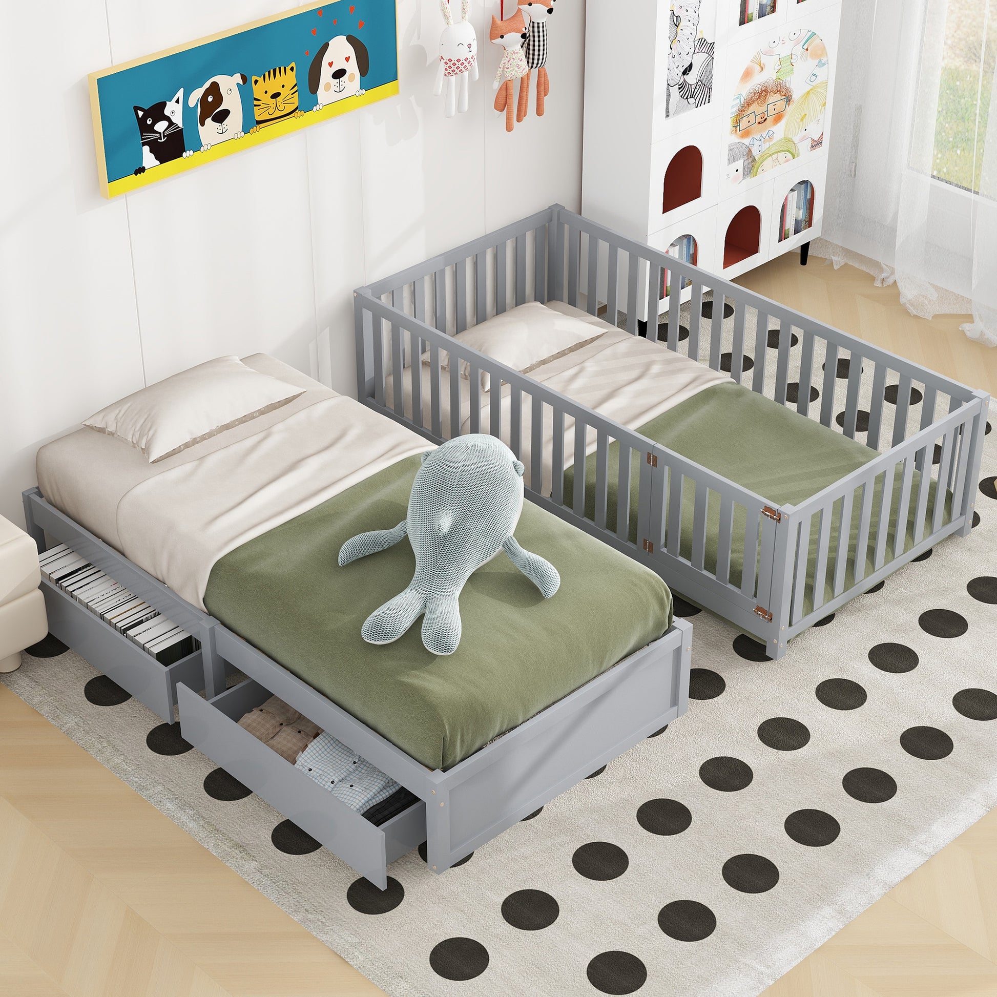 Twin Size Wood Daybed With Fence Guardrails And 2 Drawers, Split Into Independent Floor Bed & Daybed, Gray Old Sku :Lp000881Aae Twin Gray Solid Wood Mdf