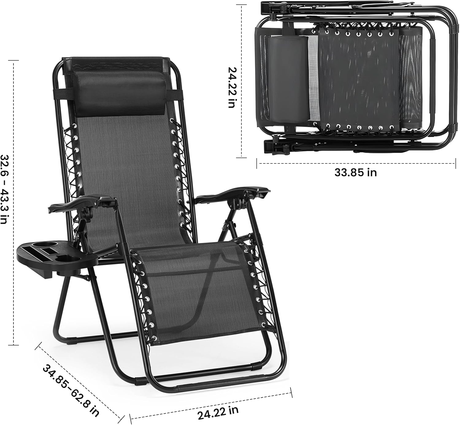 2 Set Zero Gravity Chairs Patio Portable Reclining Folding Lounge Chair Beach Camping Chairs With Pillow And Cup Holder Trays For Garden, Poolside, Black Black Steel