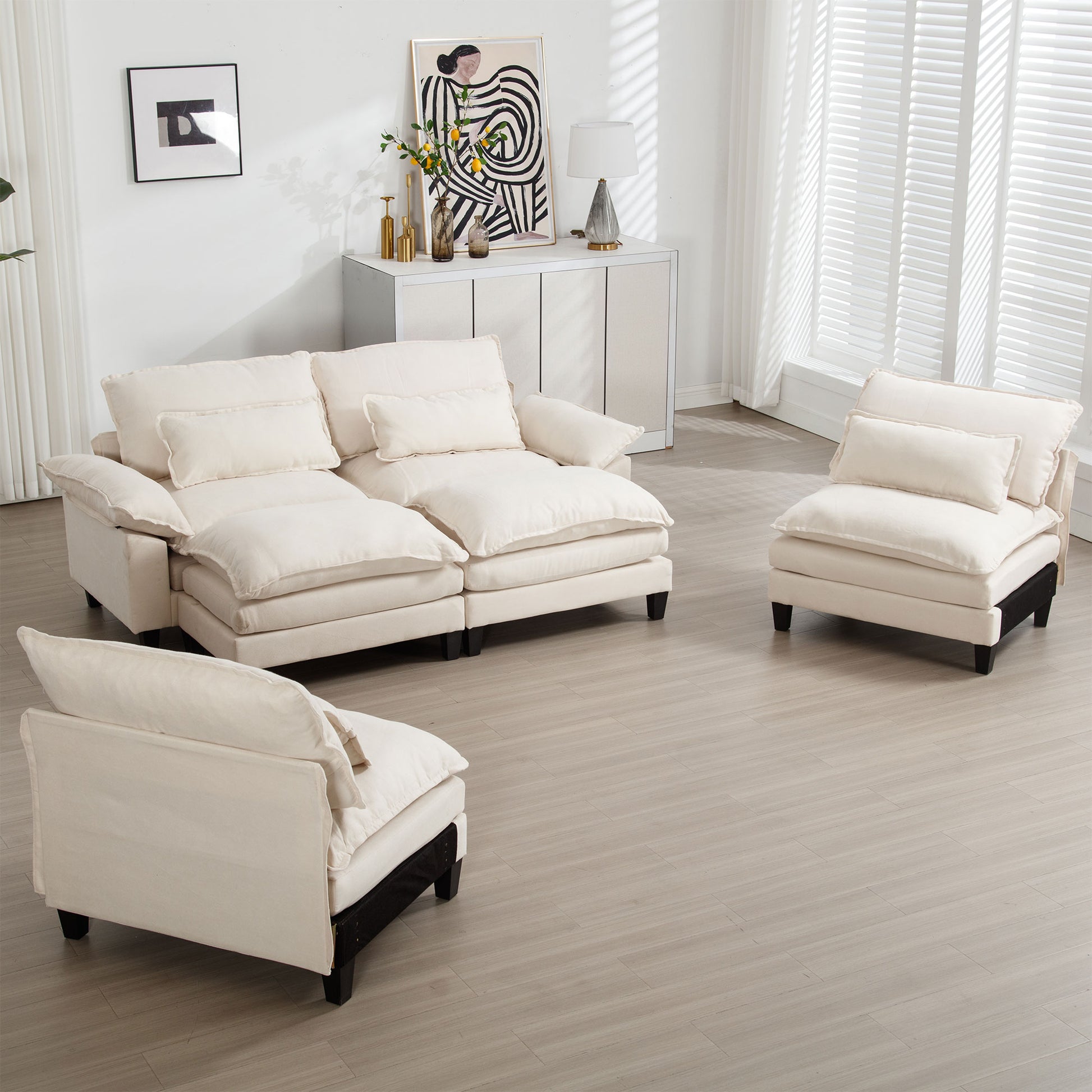 154.8" Oversized Modular Sofaice Velvet Large U Shaped Couch Comfy Upholstered 4 Seat Sofa With 2 Ottoman, 4 Lumbar Pillow, Deep Seat Couch For Living Room Beige Wood Primary Living Space Modern Foam Polyester 6 Seat