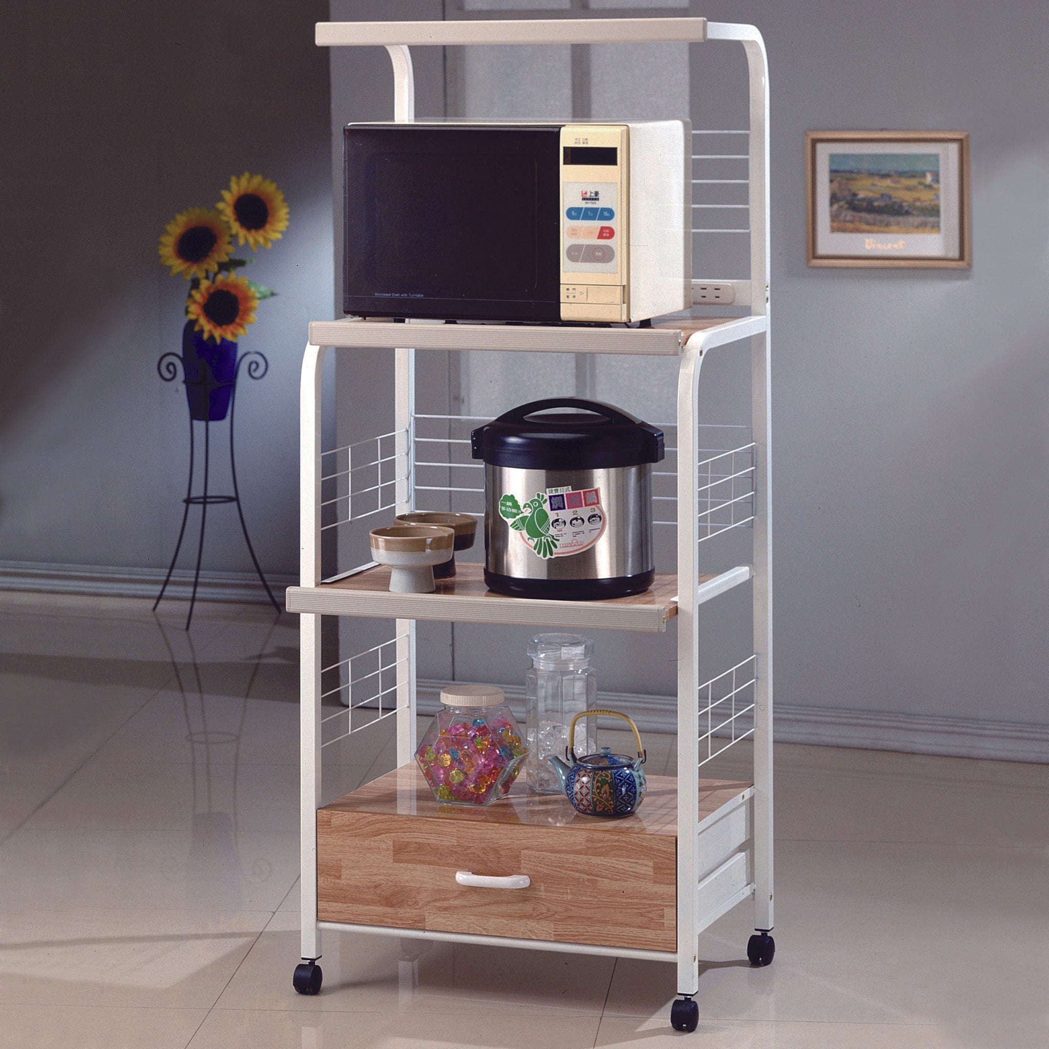 Kitchen Shelf On Casters Metal White White Metal