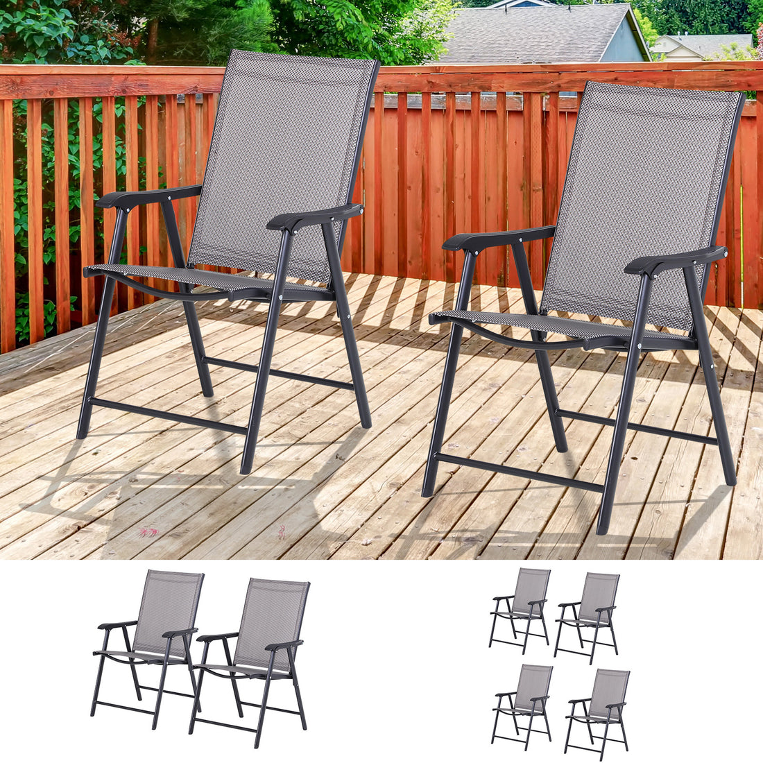 Outsunny Set Of 2 Patio Folding Chairs, Stackable Outdoor Sling Patio Dining Chairs With Armrests For Lawn, Camping, Dining, Beach, Metal Frame, No Assembly, Gray Gray Fabric Metal