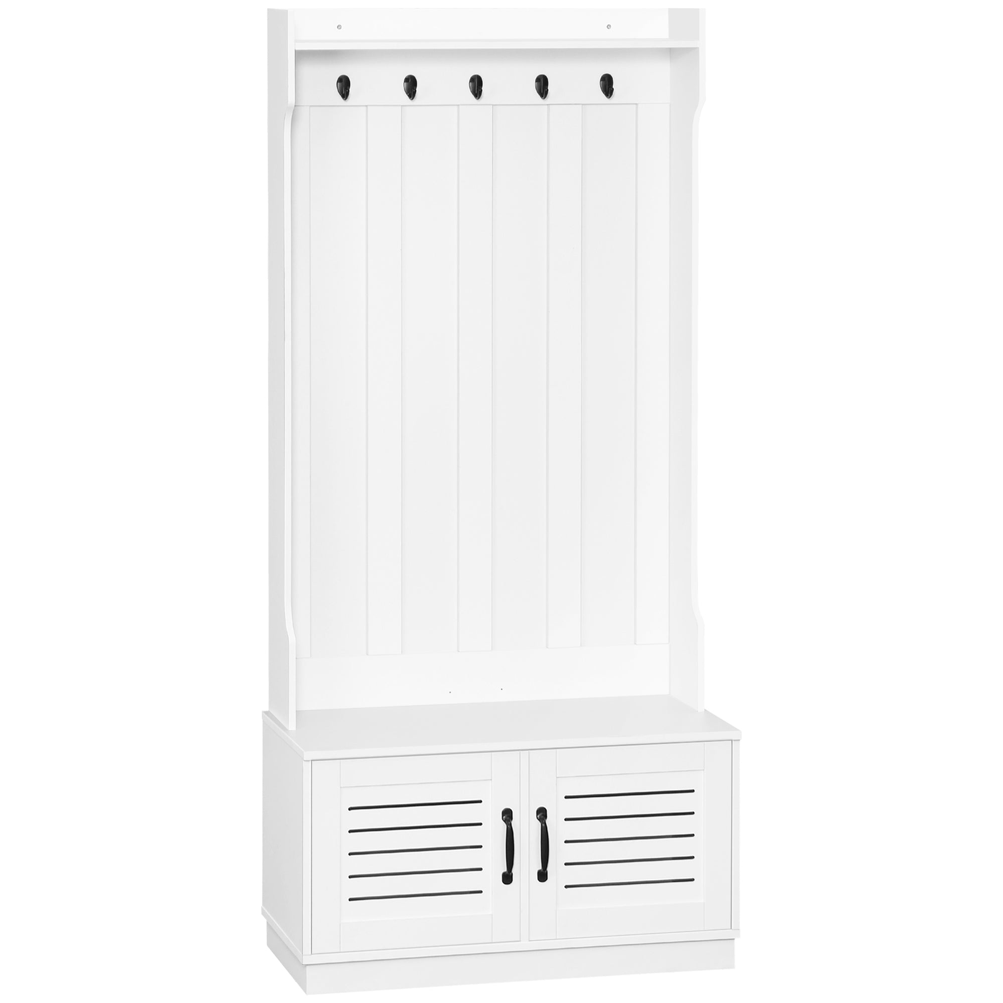 Homcom Modern Hall Tree, Entryway Coat Rack With Shoe Bench, 5 Hooks, Storage Shelf And Slatted Door Cabinet For Hallway, White White Particle Board