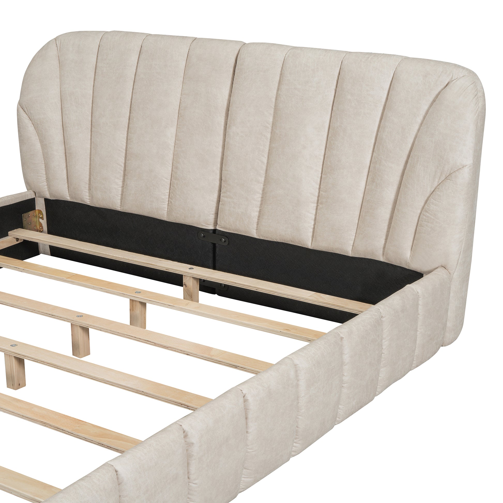 Queen Size Upholstered Platform Bed With Thick Fabric, Polyester, Beige Queen Beige Polyester