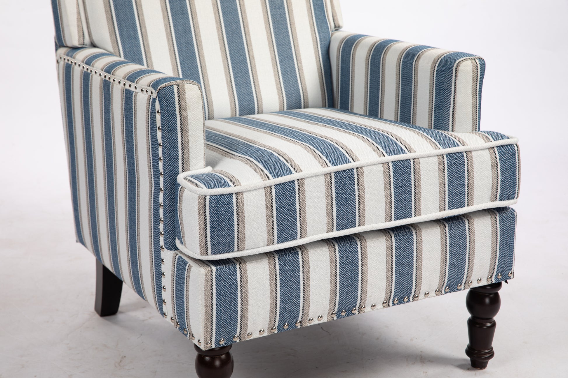 Upholstered Accent Chair, Vintage Armchair With Blue And White Striped Linen Fabric And Trim For Living Room Blue Cotton