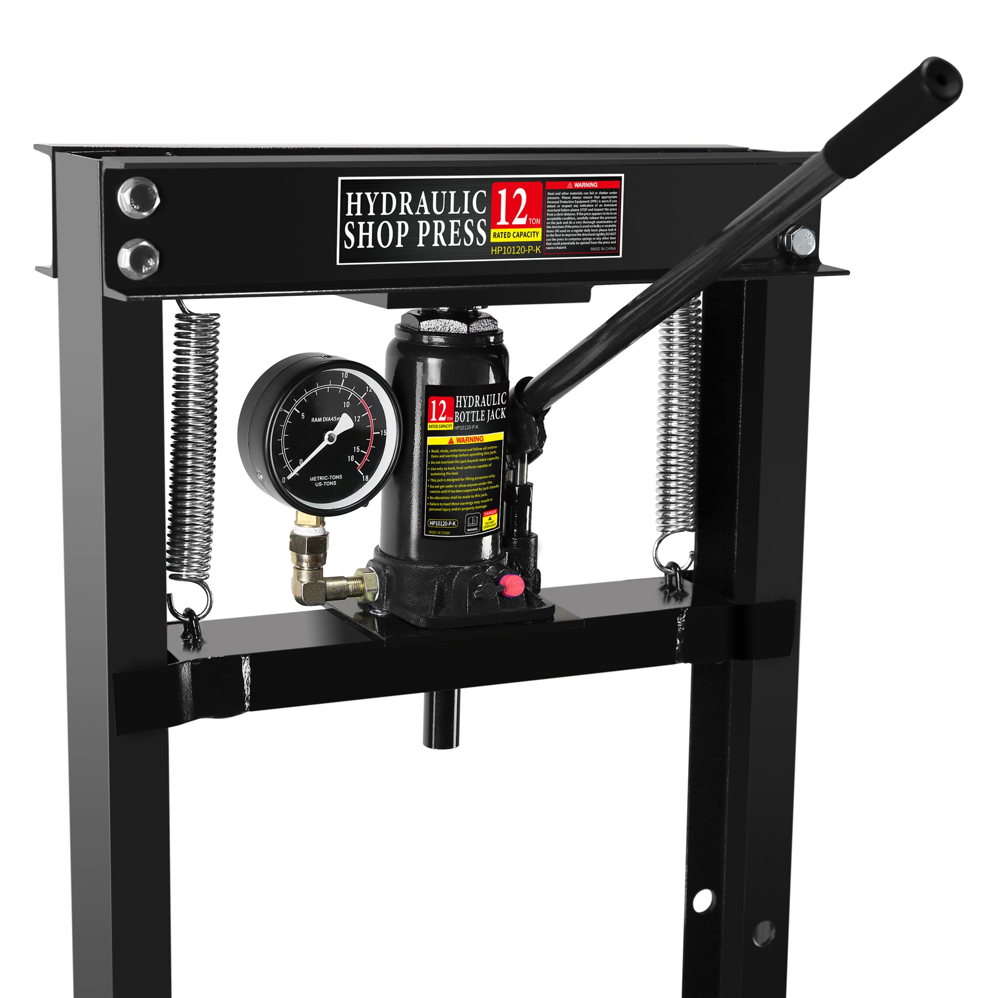 Steel H Frame Hydraulic Garage Shop Floor Press With Stamping Plates, With A Pressure Gauge,12 Ton 24,000 Lb Capacity, Black Black Steel