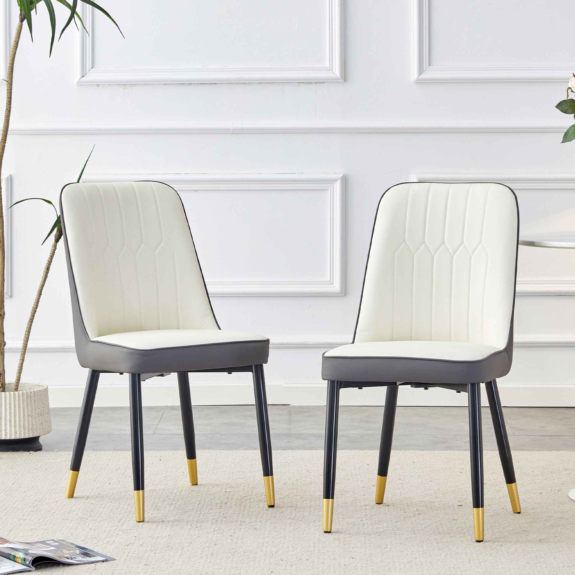 Large Modern Minimalist Rectangular Dining Table With 0.39 "Imitation Marble Black Tabletop And Golden Metal Legs, Paired With Chairs With Pu Cushions And Black Metal Legs. F 1537 C 007 Black Gold Glass Metal