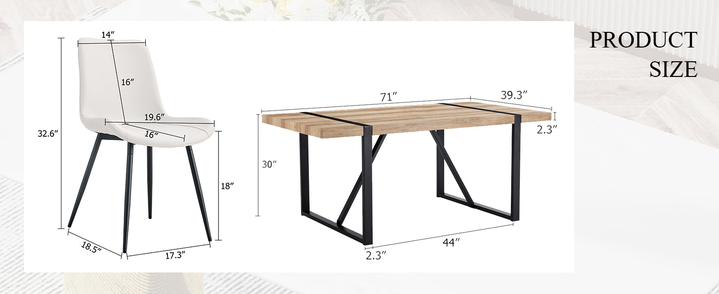Table And Chair Set, Textured Top In Vintage Wood Color, Black Metal Legs. Dining Chair With White Faux Leather Backrest Cushion With Black Metal Legs. Wood Seats 8 Mdf Metal