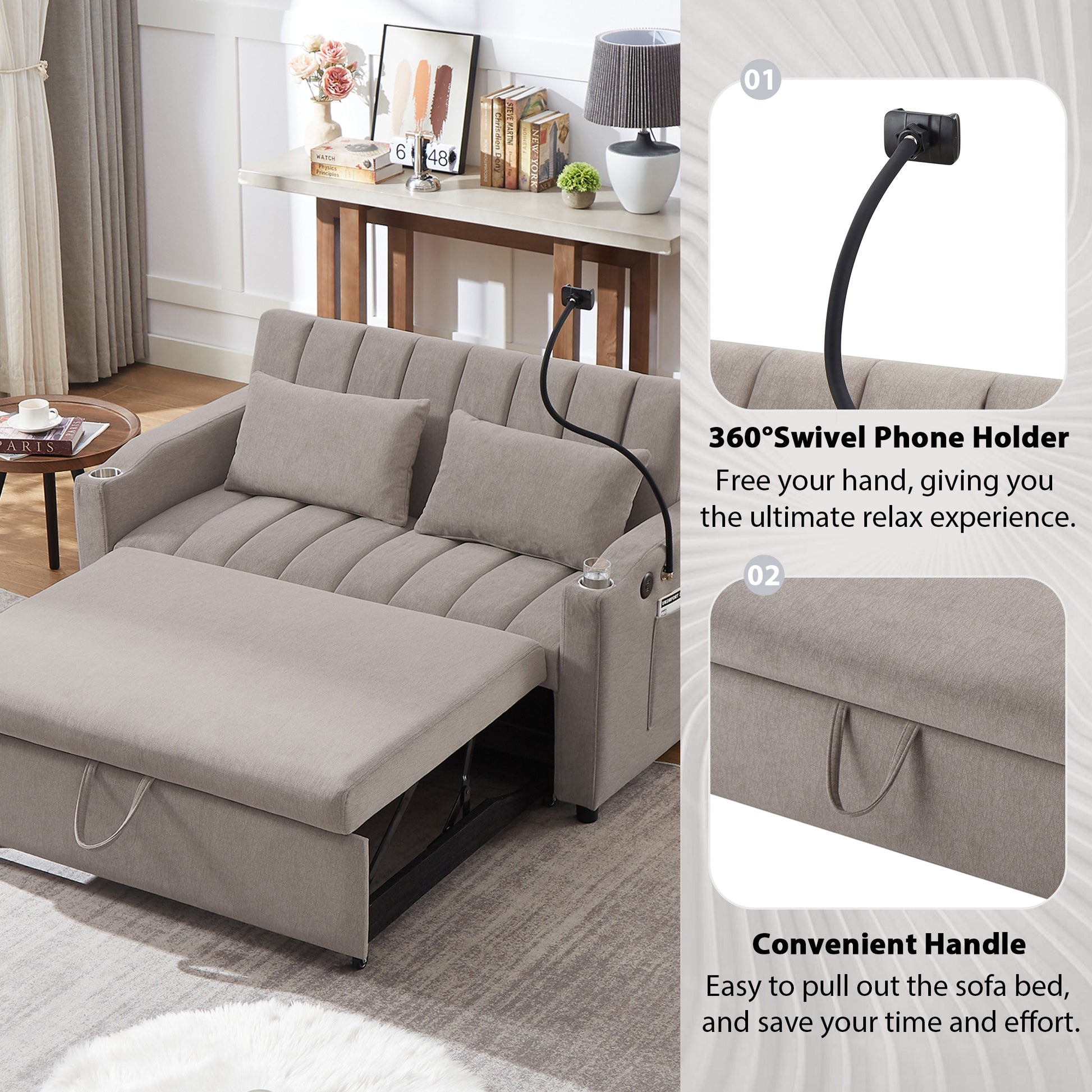 55.9" Convertible Sofa Bed Loveseat Sofa With Three Usb Ports, Two Side Pockets, Two Cup Holders And 360 Swivel Phone Holder For Living Room, Light Grey Light Grey Foam Polyester