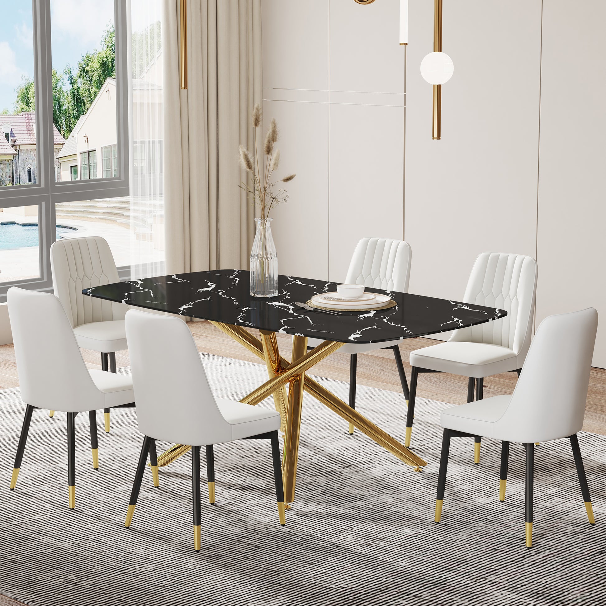 Large Modern Minimalist Rectangular Dining Table With 0.39 "Imitation Marble Black Tabletop And Golden Metal Legs, Paired With Chairs With Pu Cushions And Black Metal Legs. F 1537 C 007 Black Gold Glass Metal