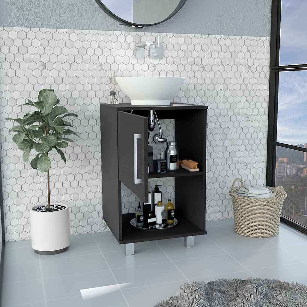 Single Bathroom Vanity, One Open Shelf, Single Door Cabinet, Black Black Solid Wood Mdf Engineered Wood