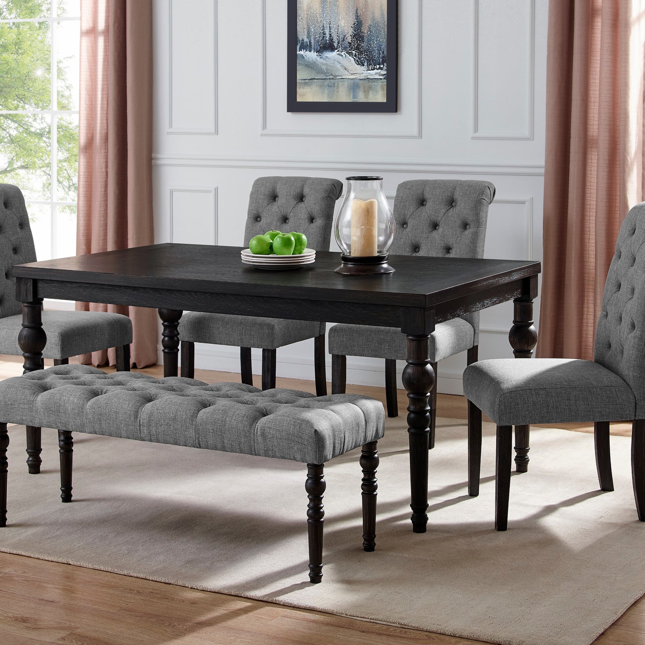 Leviton Urban Style Dark Wash Wood Dining Set: Table, 4 Chairs And Bench Wood Black Wood Dining Room Fixed Table Rubberwood Rectangular 4 Leg Rectangular Dining Table With Chair And Bench Mdf