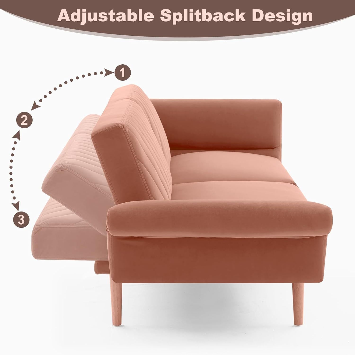 78'' Velvet Futon Sofa Bed, Convertible Sleeper Couch Bed With Adjustable Armrests And Backrest, Loveseat Sleeper Bed With 2 Pillows, Modern Futon Couch For Living Room, Pink Brown Wood Bedroom Heavy Duty Oak 2 Seat Light Pink Velvet Soft Cushion Back