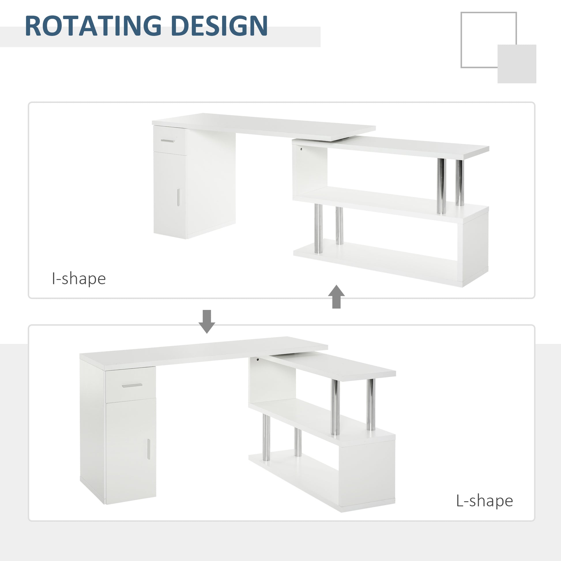 Homcom Rotating Computer Desk, 55" L Shaped Desk, Corner Desk With Storage Shelves, Cabinet And Drawer For Home Office, White White Mdf