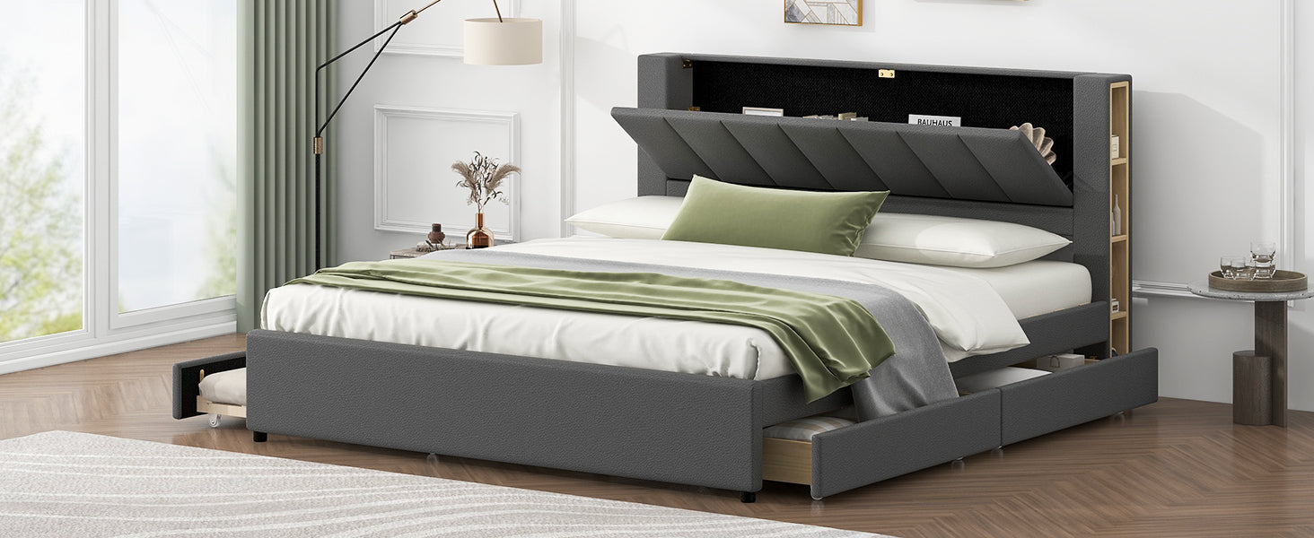 King Size Upholstery Platform Bed With Storage Headboard, 2 Drawers And Trundle, Gray King Gray Upholstered