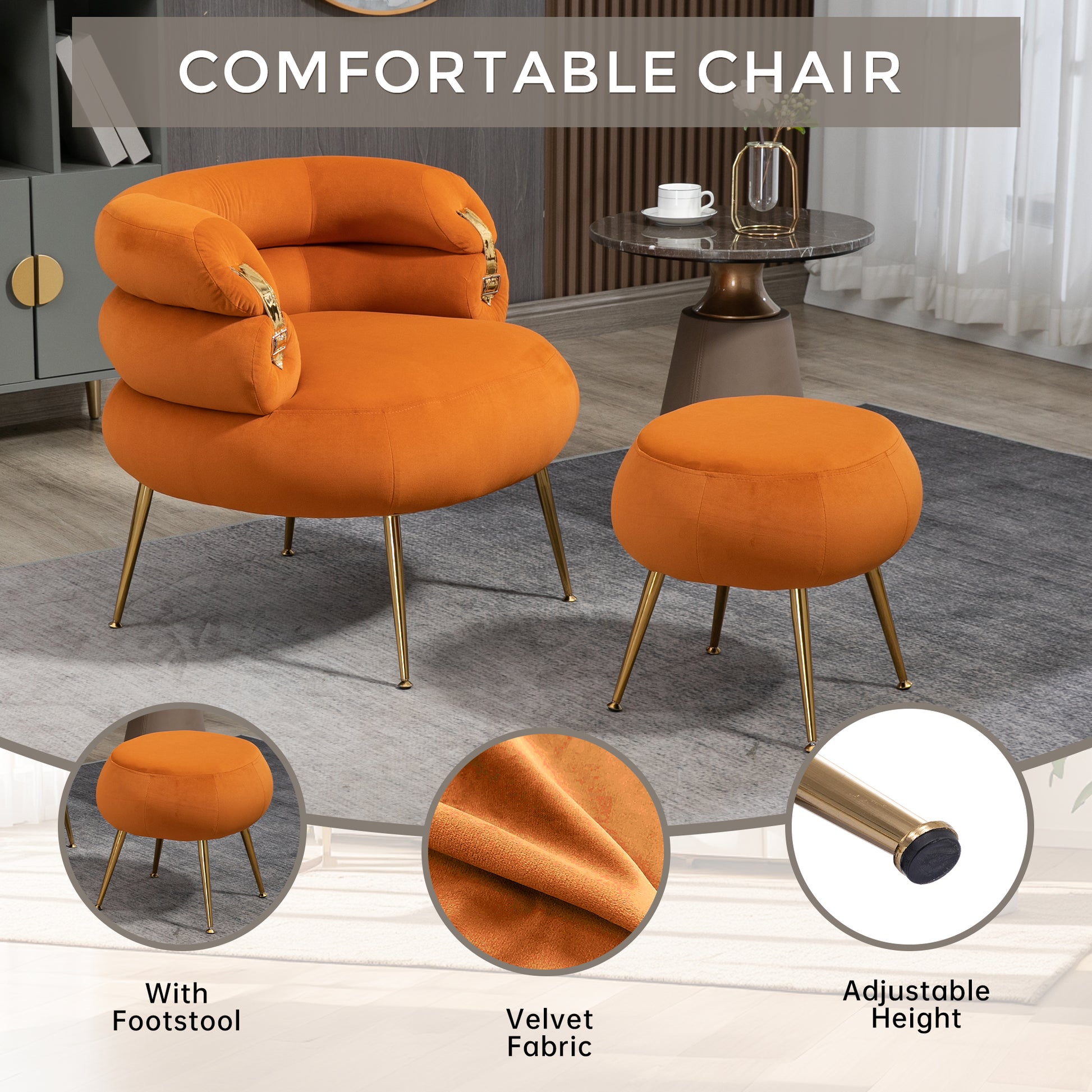 Coolmore Upholstered Velvet Barrel Accent Chair With Ottoman,Accent Comfy Lounge Arm Chair And Folding Footrest Stool Set,Single Sofa Armchair With Lounge Seat For Bedroom,Office Orange Orange Foam Velvet