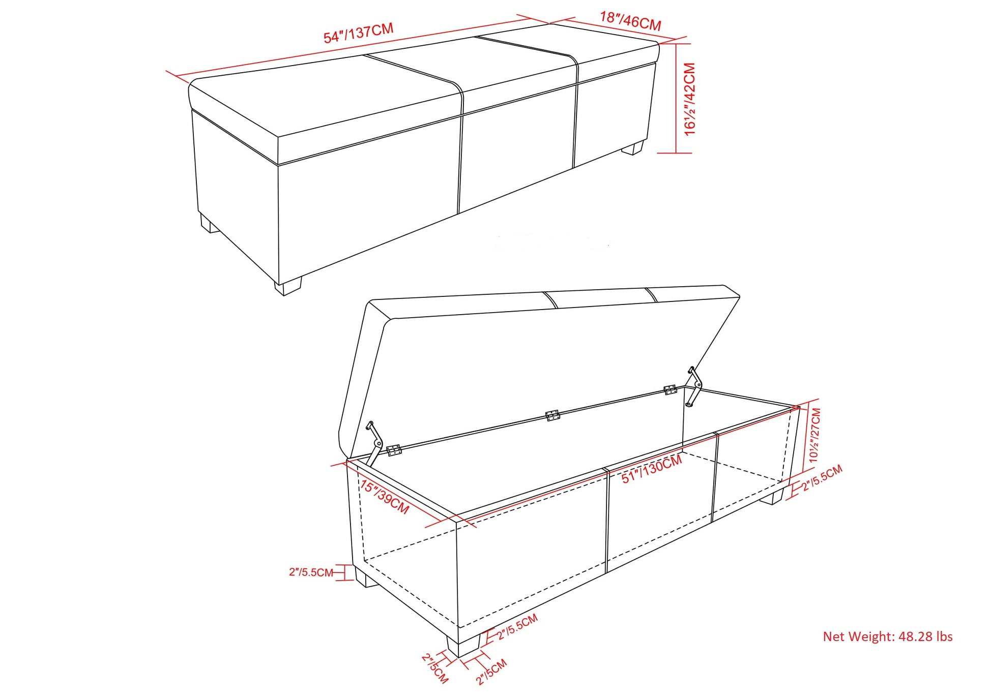 Lincoln Extra Large Storage Ottoman Bench Black Wood Fabric