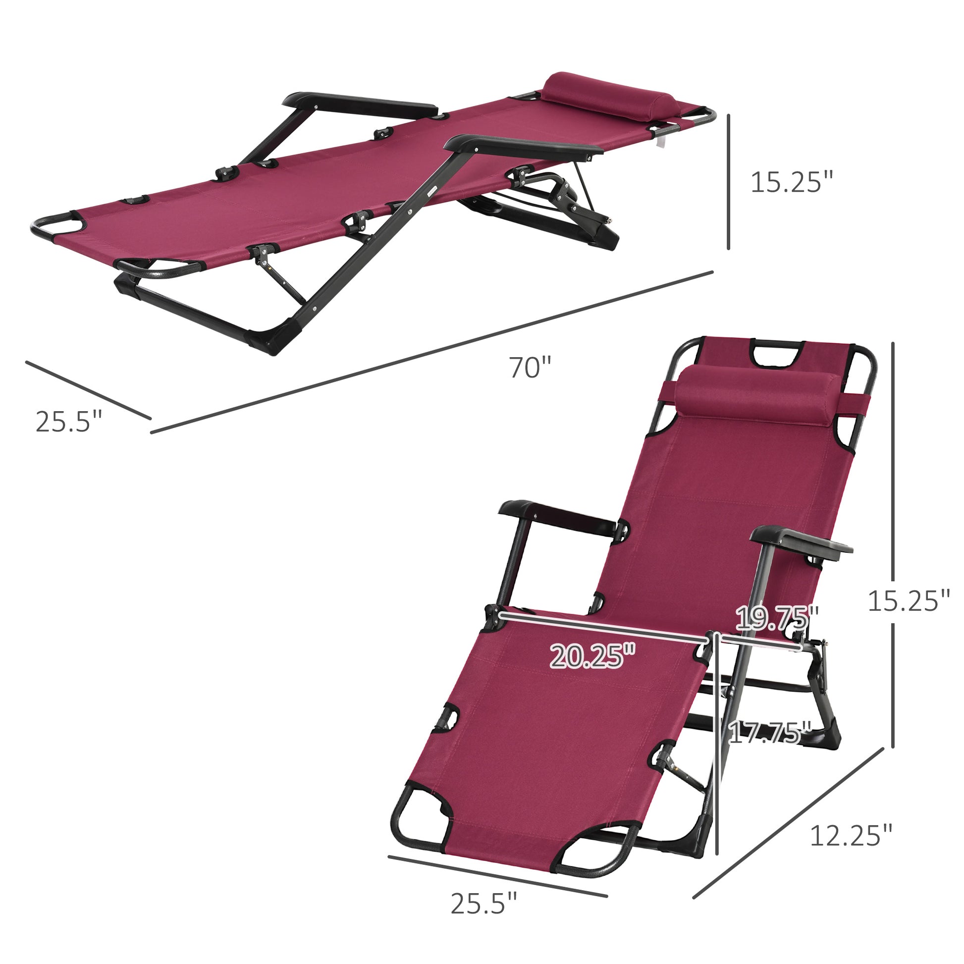 Outsunny Folding Chaise Lounge Chair For Outside, 2 In 1 Tanning Chair With Pillow & Pocket, Adjustable Pool Chair For Beach, Patio, Lawn, Deck, Red Red Metal