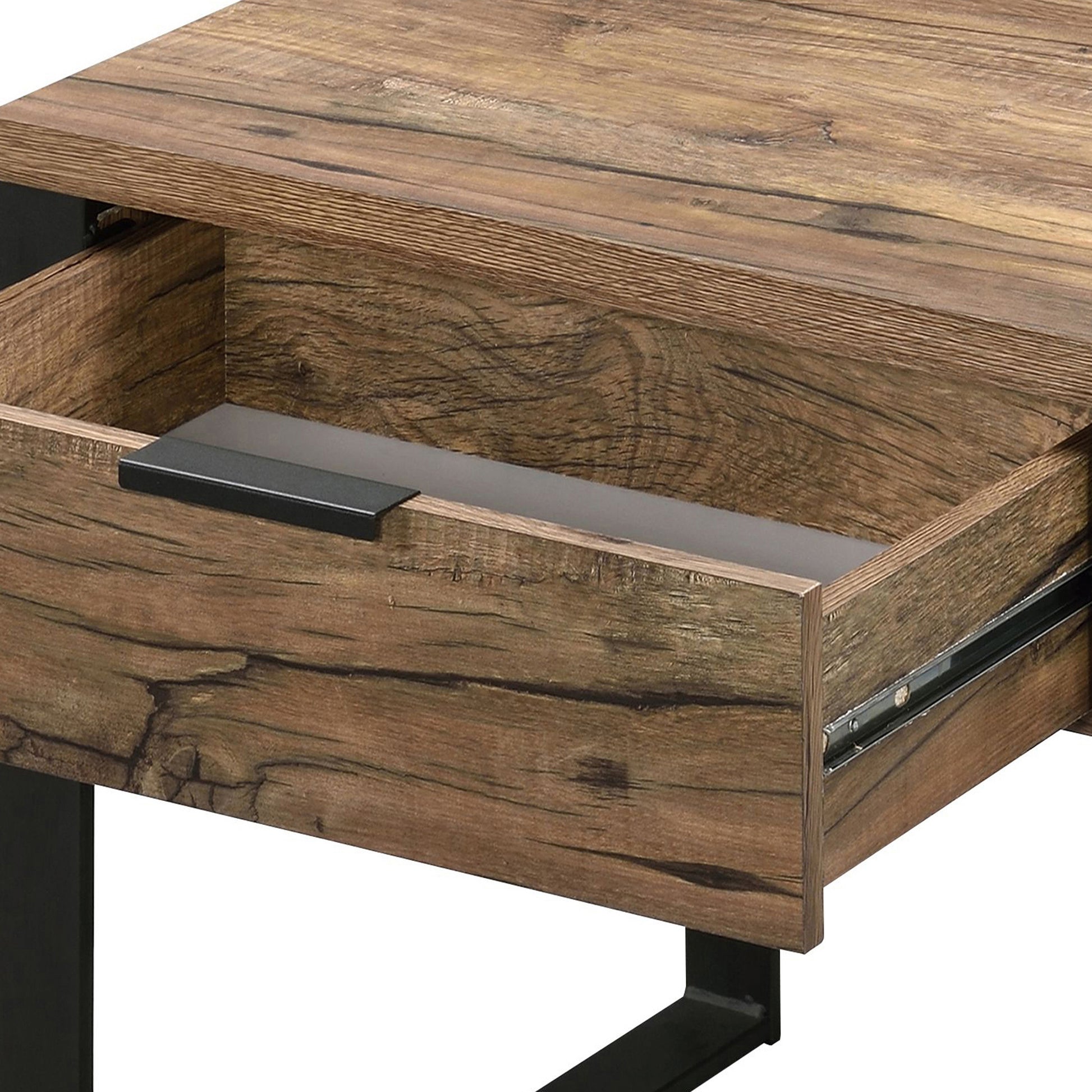 Weathered Oak And Black End Table With 1 Drawer Black Brown Primary Living Space Industrial Drawers Rectangular Wood Metal Sled