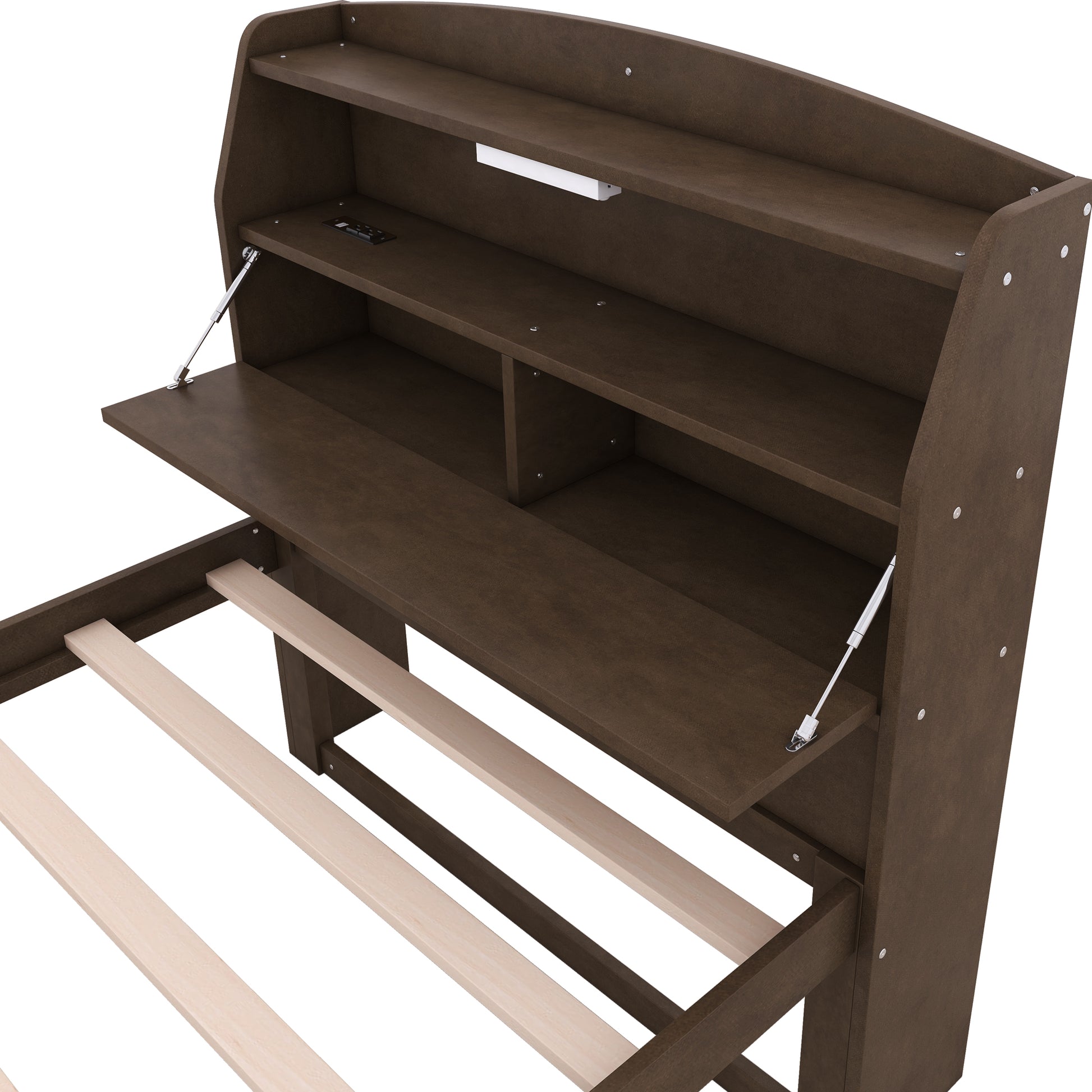 Twin Size Wooden Led Platform Bed With Trundle, With Storage Headboard, With Drawers, Brown Twin Brown Plywood