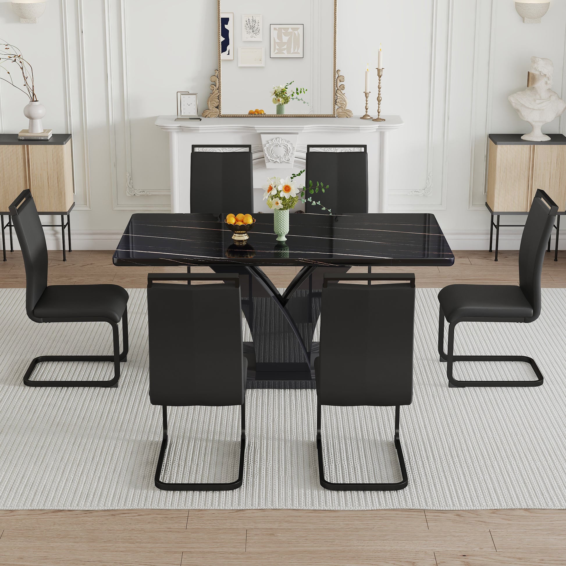 Table And Chair Set, Modern Dining Table, Black Tabletop And Black Mdf Leg Table, Soft And Comfortable Dining Chair, Perfect For Dinner, Meetings, Home And Office Decor Black Mdf