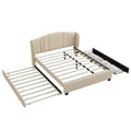 Upholstered Platform Bed With Wingback Headboard, One Twin Trundle And 2 Drawers, No Box Spring Needed, Linen Fabric, Queen Size, Beige Beige Linen