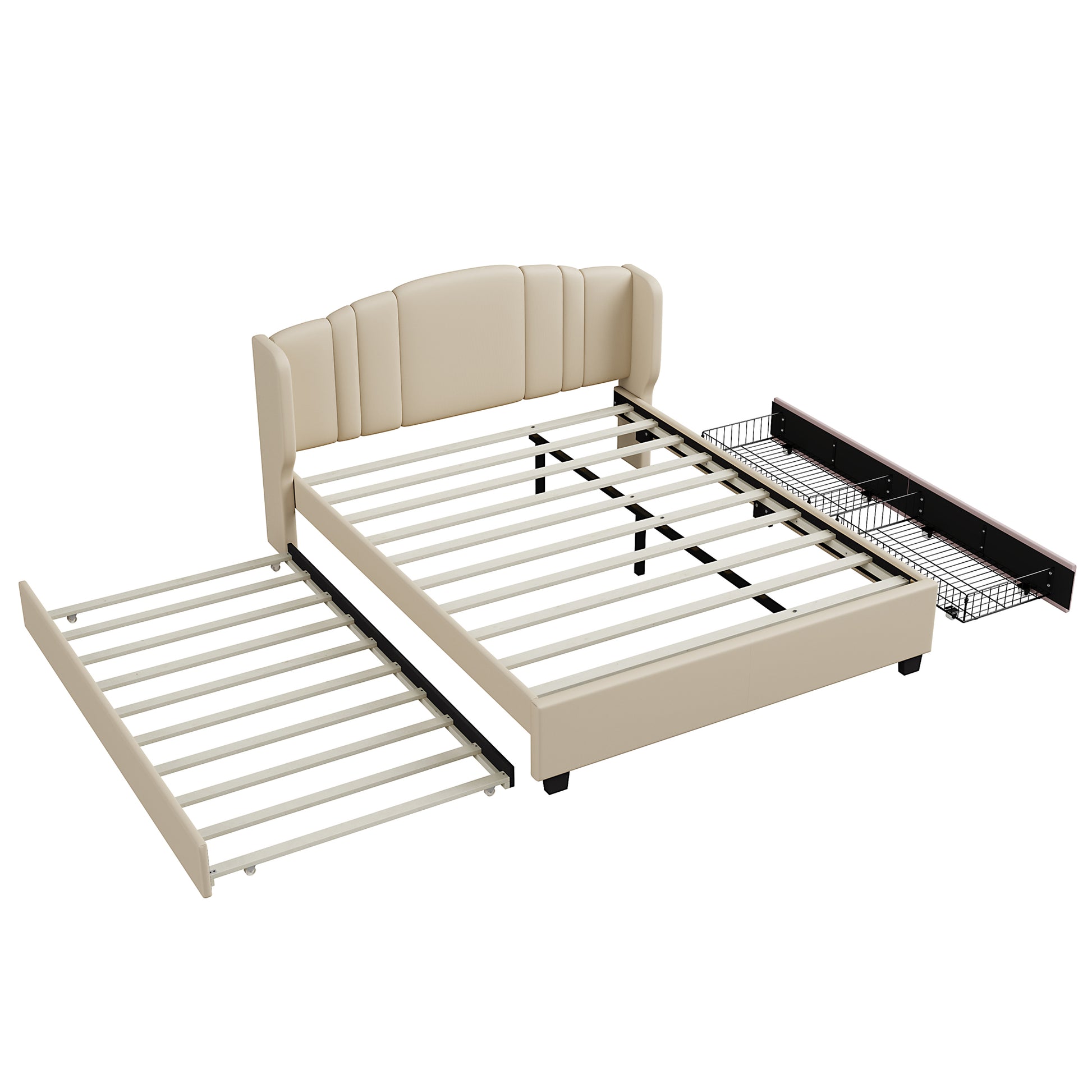 Upholstered Platform Bed With Wingback Headboard, One Twin Trundle And 2 Drawers, No Box Spring Needed, Linen Fabric, Queen Size, Beige Beige Linen