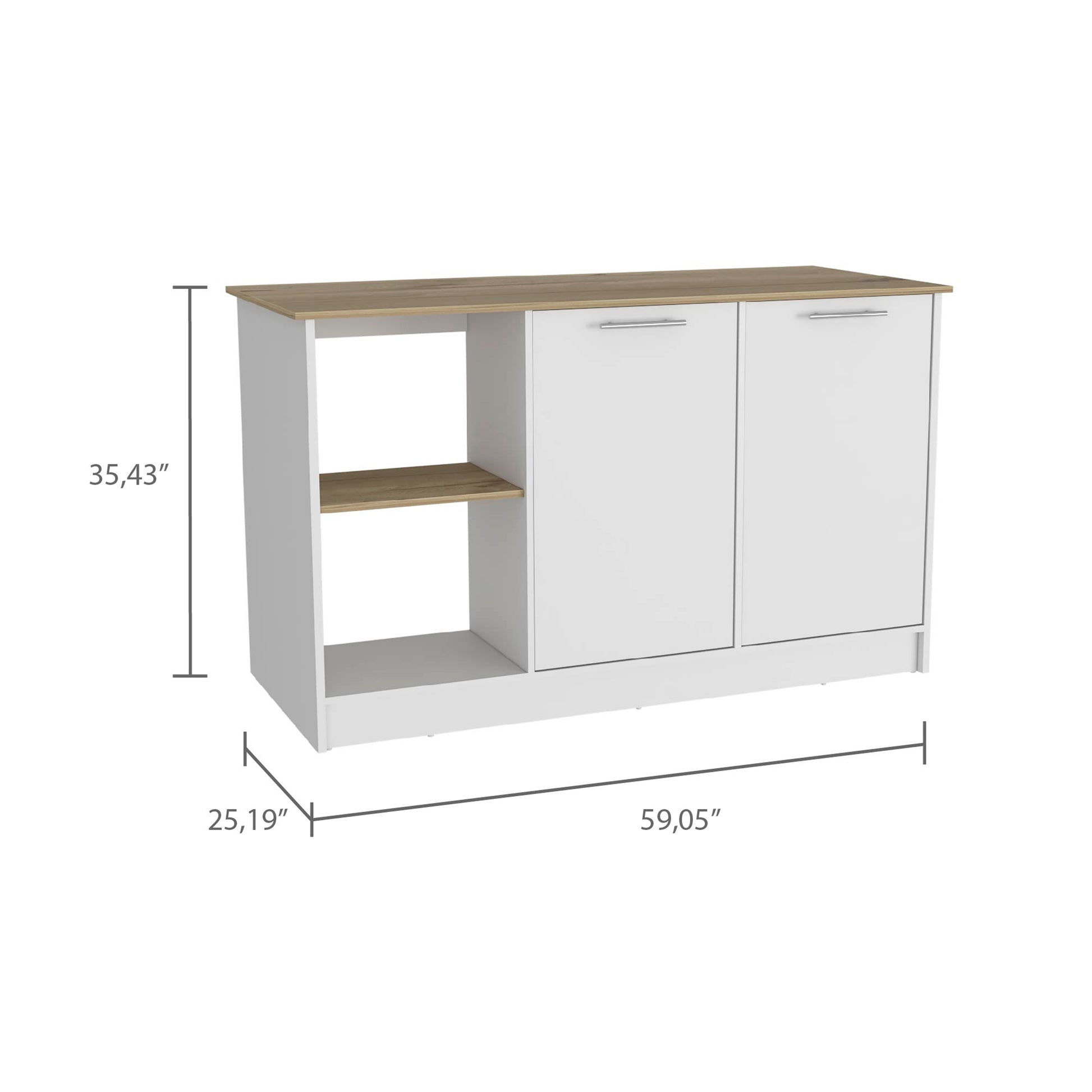 Kitchen Island With Large Countertop, Open Storage Shelves And Double Door Cabinet, White Light Oak White Solid Wood Mdf Engineered Wood