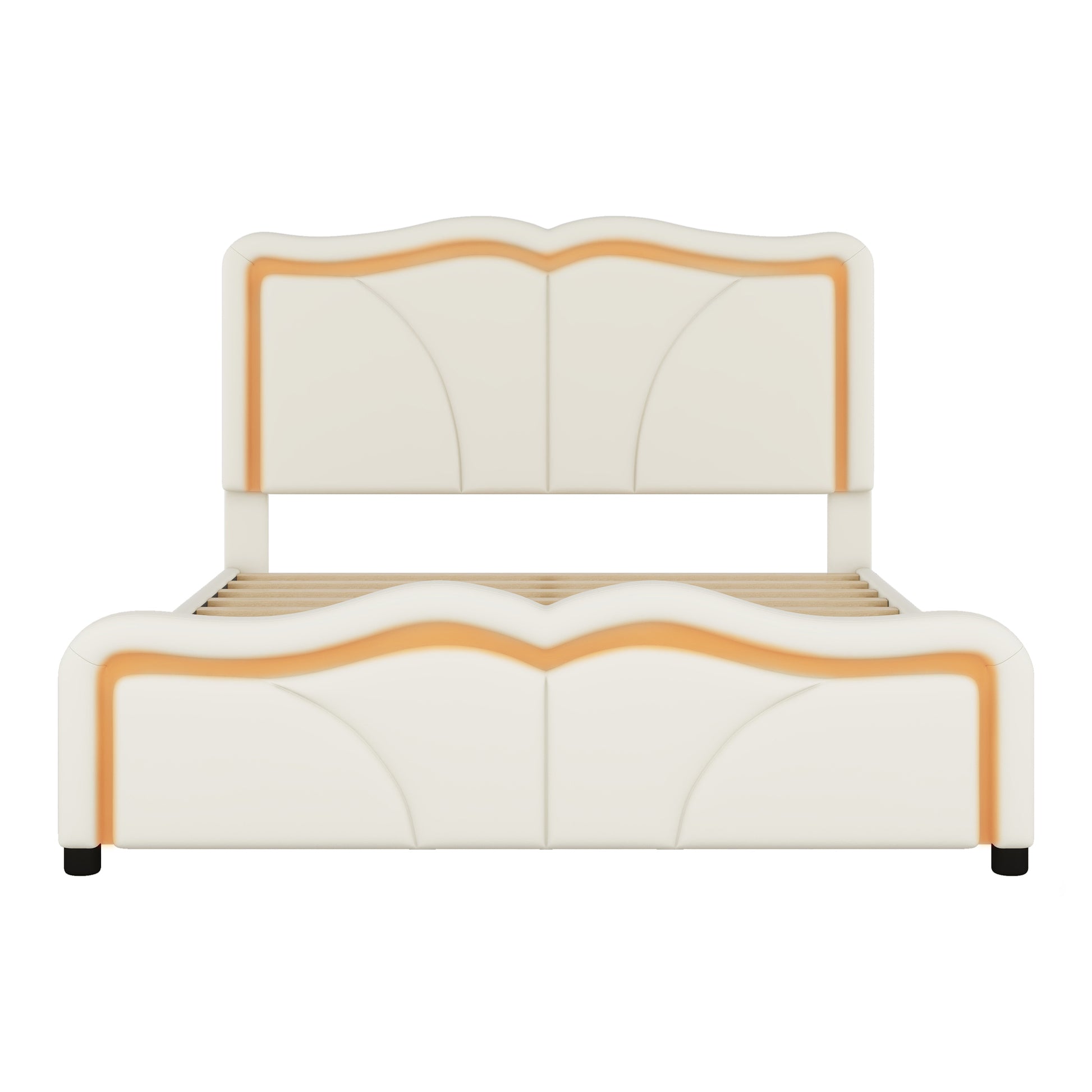 Full Size Upholstered Platform Bed With Curve Shaped And Height Adjustbale Headboard,Led Light Strips,White Full White Upholstered