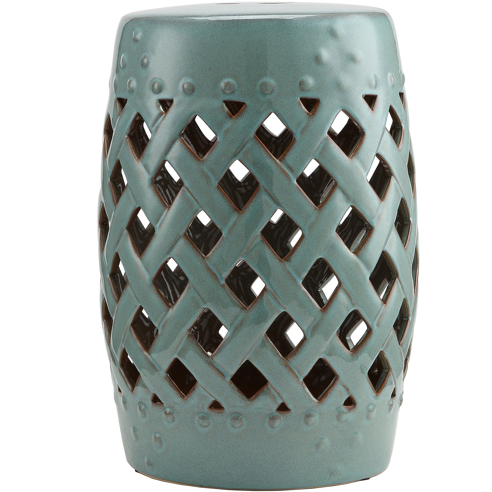 Outsunny 13" X 18" Ceramic Garden Stool With Woven Lattice Design & Glazed Strong Materials Decorative End Table, Antique Blue Blue Porcelain