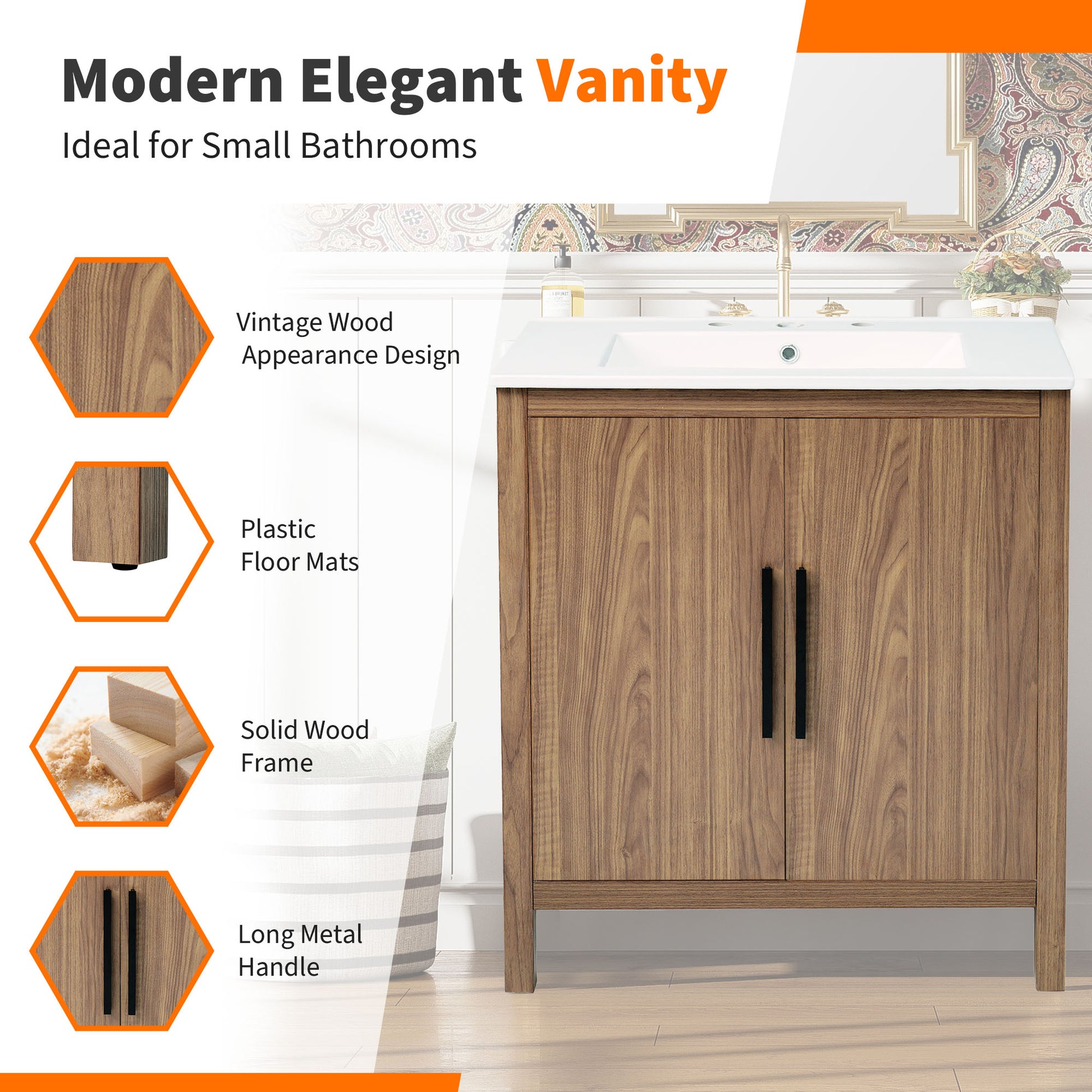 30" Wood Color Bathroom Vanity With Single Sink, Combination Under Counter Sink, Bathroom Storage Cabinet With Soft Closing Door, Multi Function Storage, Solid Wood Frame Wood Bathroom Solid Wood Mdf