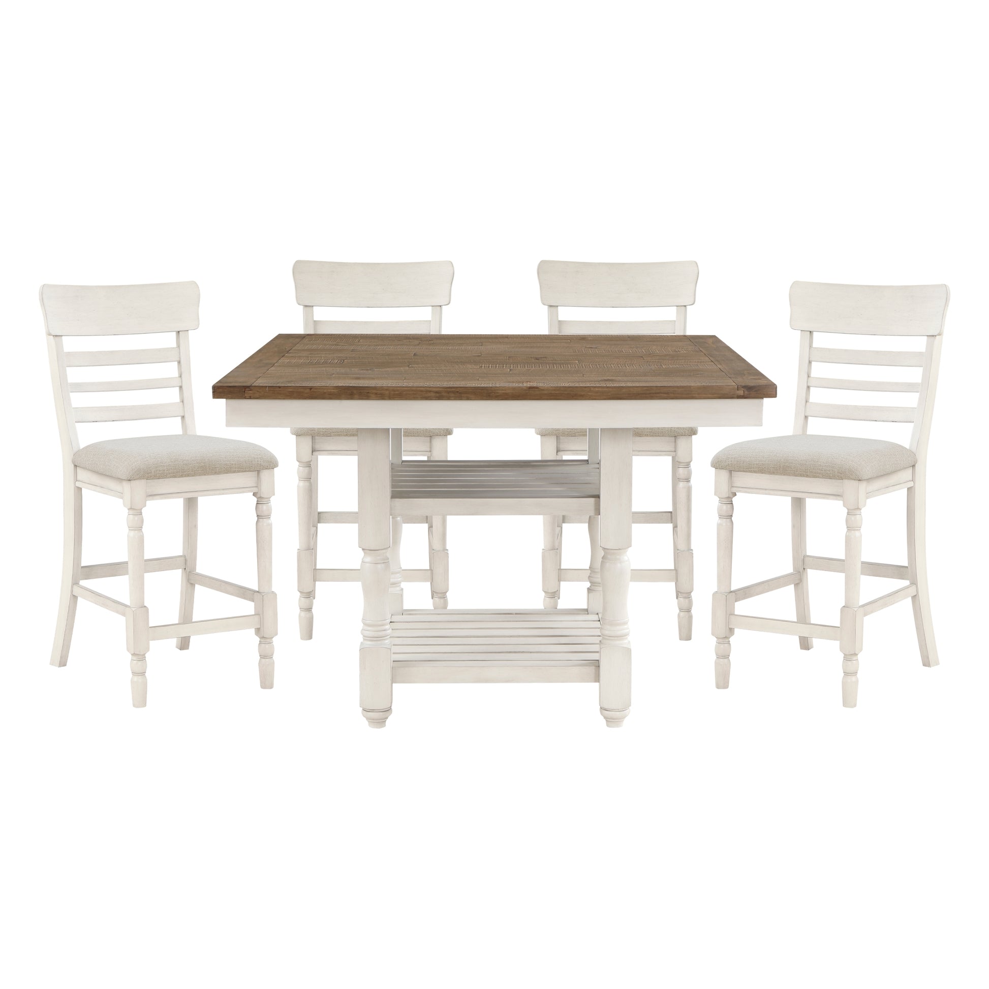 Antique White Finish Counter Height Set 5Pc Table With Bottom Storage And 4 Counter Height Chairs Farmhouse Style Dining Kitchen Set Wooden Furniture Wood Wood Antique White,Brown Seats 4 Wood Dining Room Farmhouse Square Wood