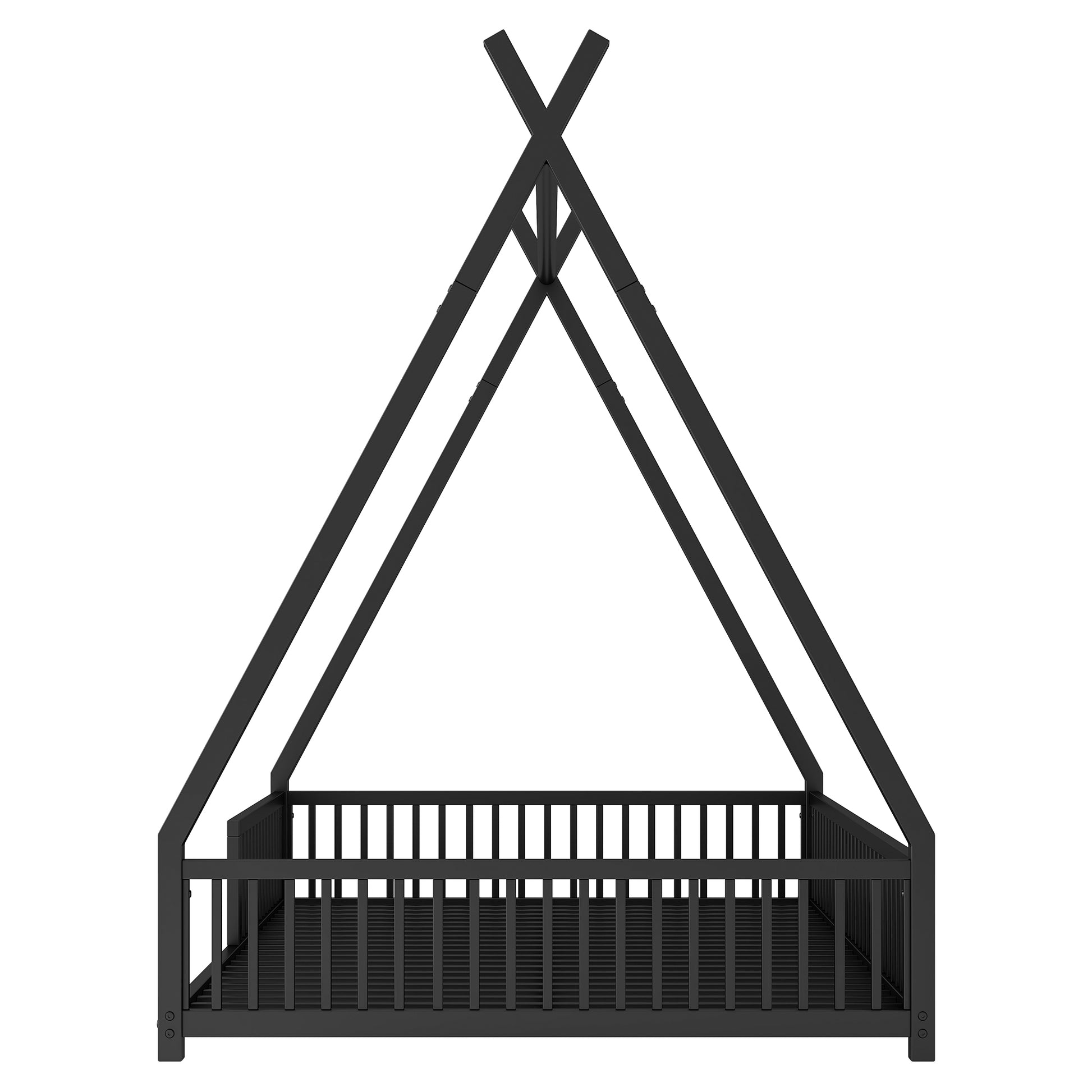 Metal Full Size House Platform Bed With Triangle Structure And Guardrail, Black Box Spring Not Required Full Black Metal Metal
