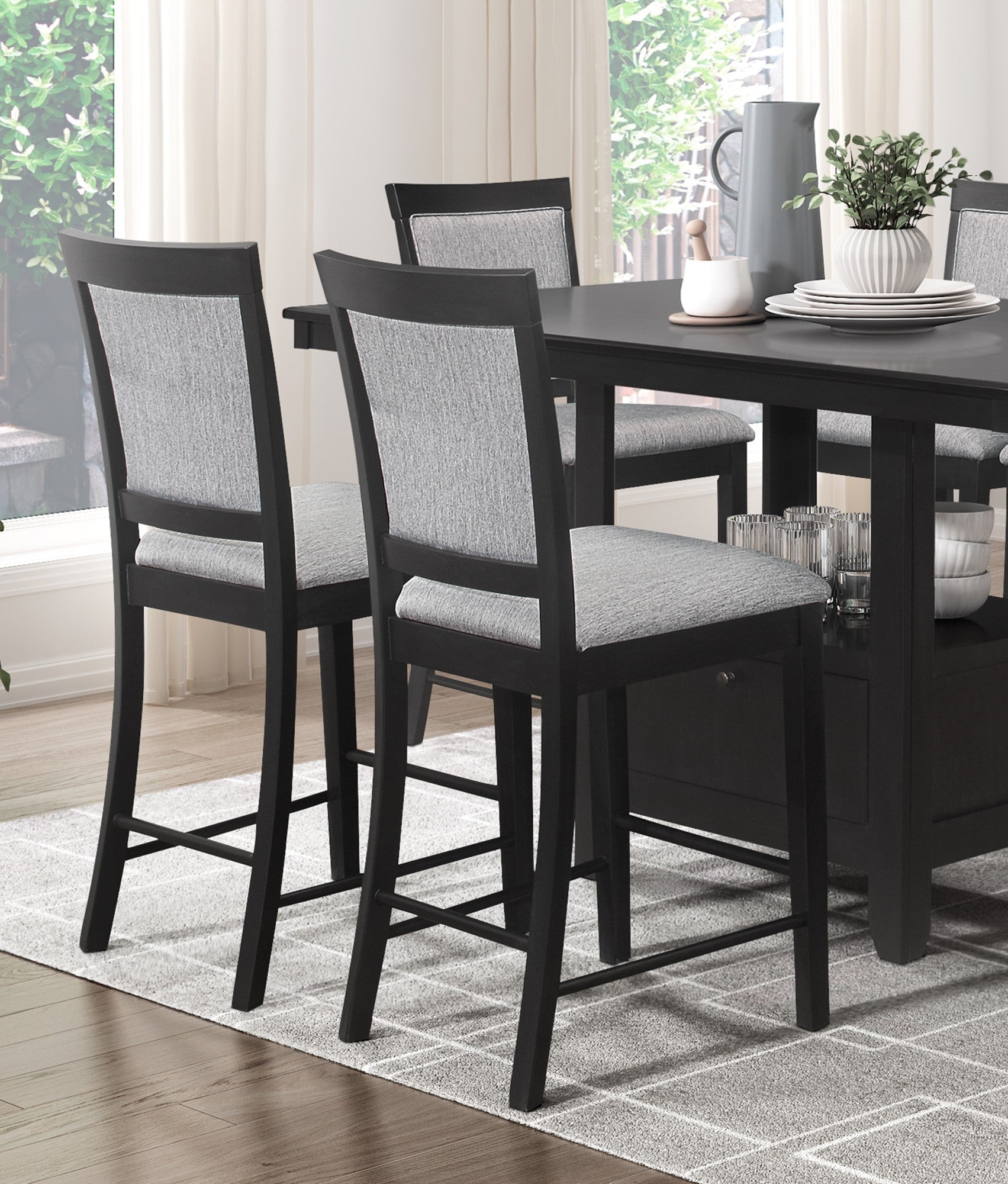 Charcoal Gray Finish 7Pc Dining Counter Height Table With Base Storage And 6 Counter Height Chairs Set Casual Style Dining Kitchen Wooden Furniture Wood Wood Charcoal Grey Seats 6 Wood Dining Room Casual Rectangular Dining Table With Chair Wood