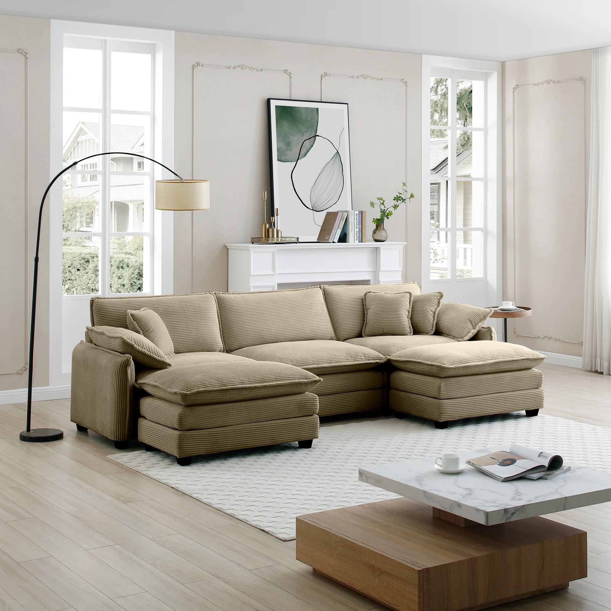 Oversized Modular Cushioned Sofa With Conversible Ottoman, 3 Seater Sofa With 2 Footstools, U Shape Sofa In Camel Corduroy Fabric Camel Corduroy 3 Seat