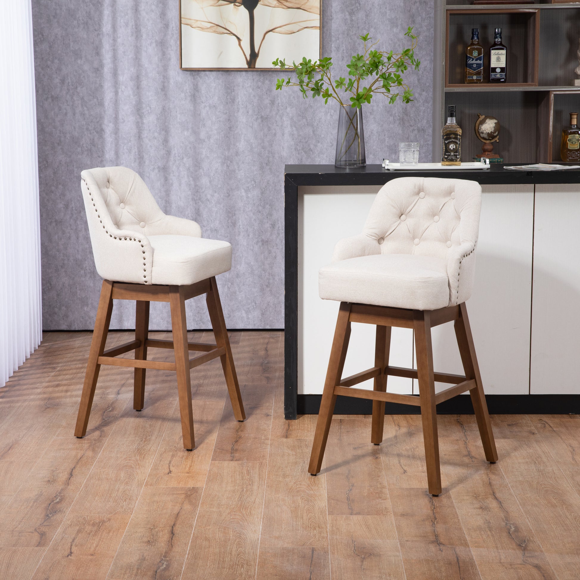 Coolmore Bar Stools Set Of 2 Counter Height Chairs With Footrest For Kitchen, Dining Room And 360 Degree Solid Wood Legs Swivel Bar Stools Set Of 2 Beige Linen Beige Foam Linen