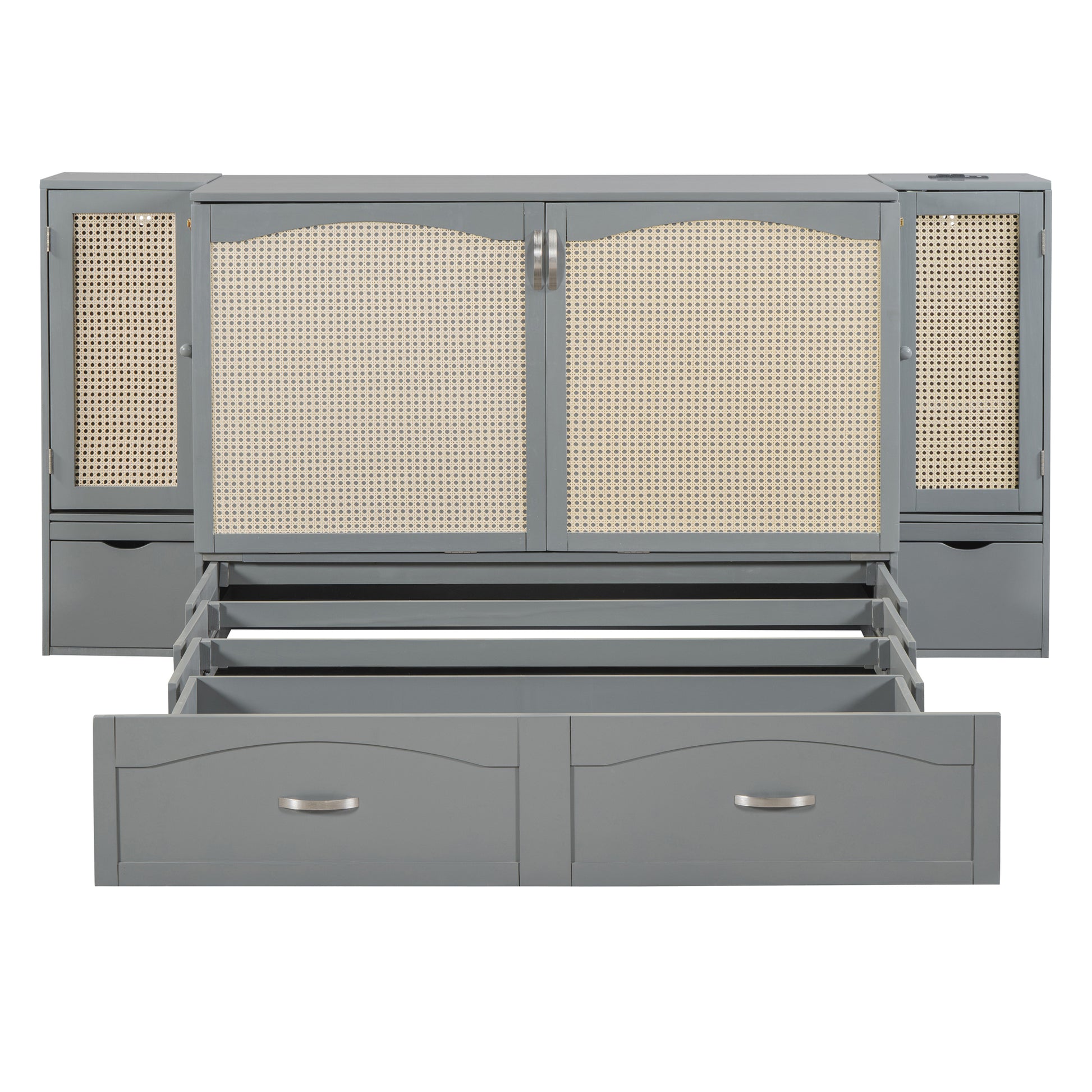 Queen Size Murphy Bed Wall Bed With Drawer And Rattan Decoration With 2 Storage Cabinets, One Set Of Sockets & Usb Ports, Pulley Structure Design, Gray Queen Gray Plywood