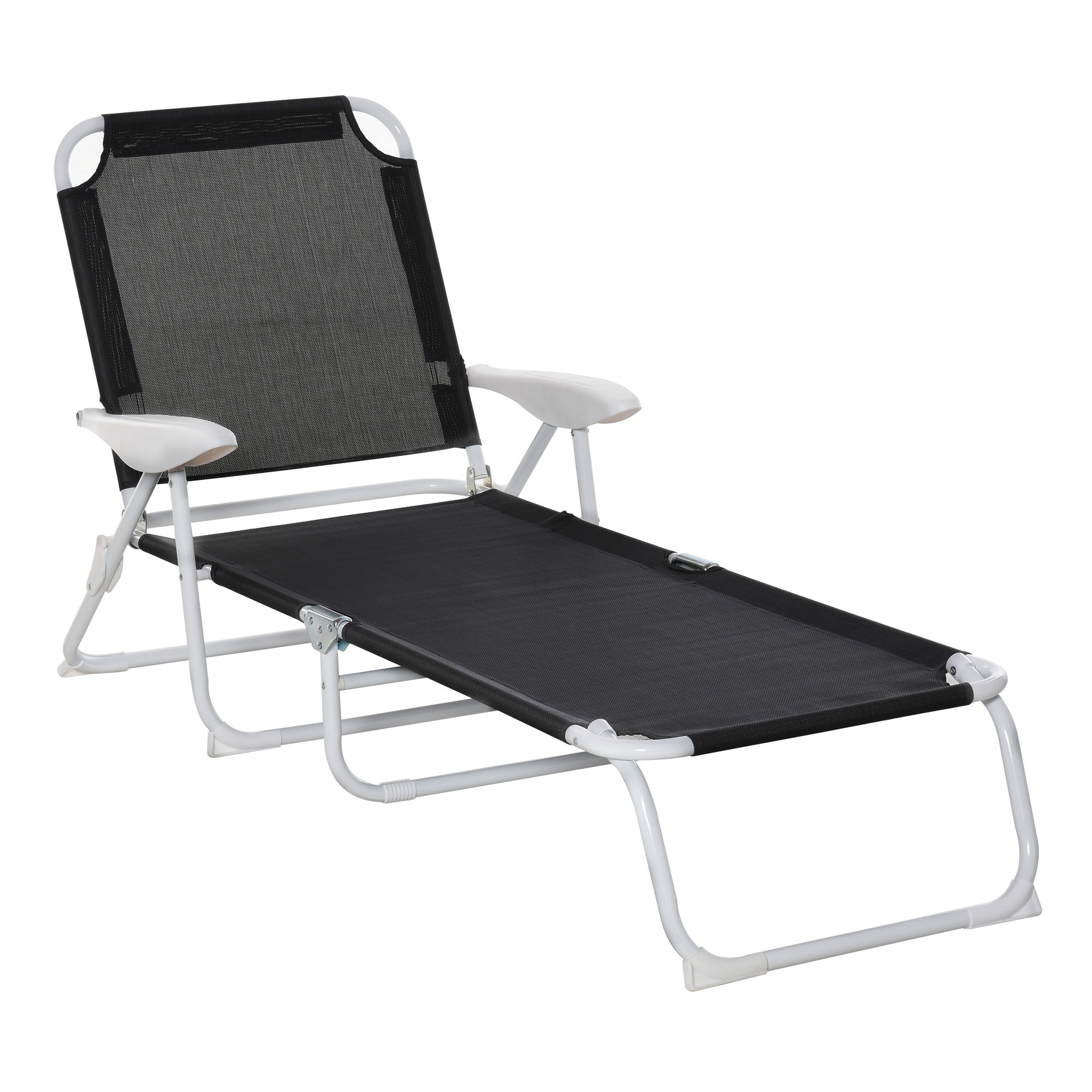 Outsunny Folding Chaise Lounge, Outdoor Sun Tanning Chair, 4 Position Reclining Back, Armrests, Metal Frame And Mesh Fabric For Beach, Yard, Patio, Black Black Metal
