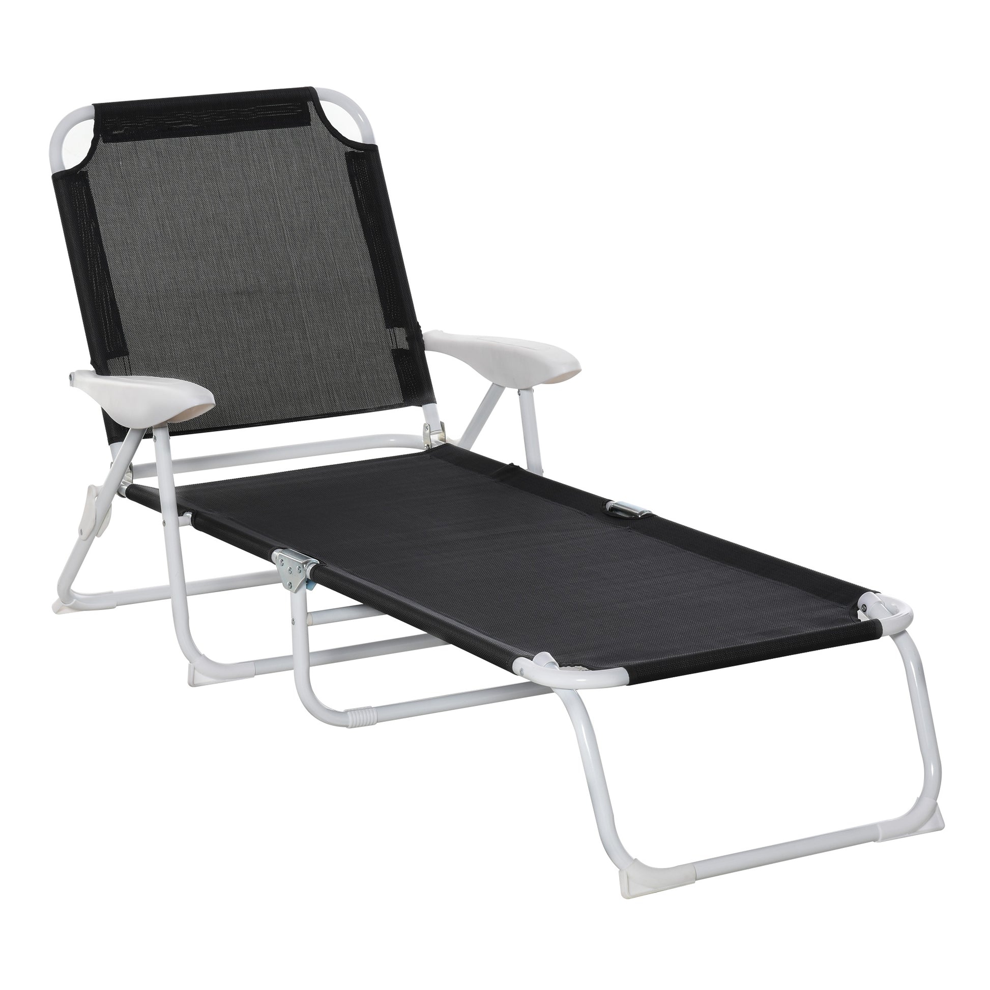Outsunny Folding Chaise Lounge, Outdoor Sun Tanning Chair, 4 Position Reclining Back, Armrests, Metal Frame And Mesh Fabric For Beach, Yard, Patio, Black Black Metal