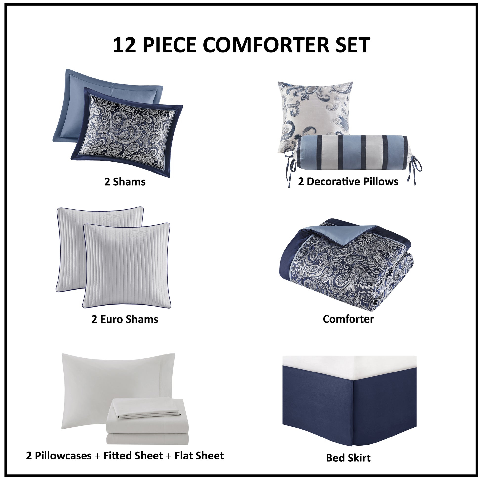 12 Piece Comforter Set With Cotton Bed Sheets Navy Queen Queen Navy Polyester