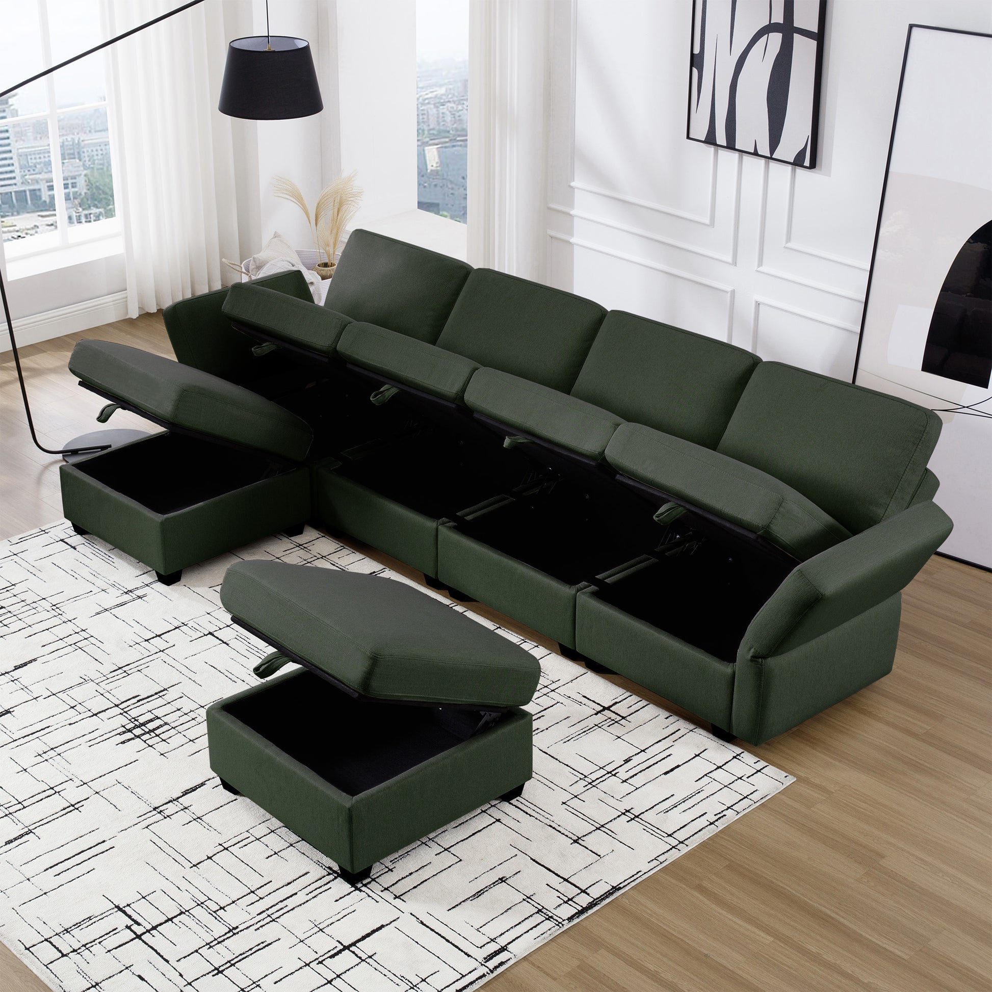 Adjustable Arms And Backs Modern U Shape Linen Couch Modular Sectional Sofa Couch With Storage Seat, Large Convertible Sofa With Reversible Chaise For Living Room Apartment Office, Green Green Polyester 4 Seat