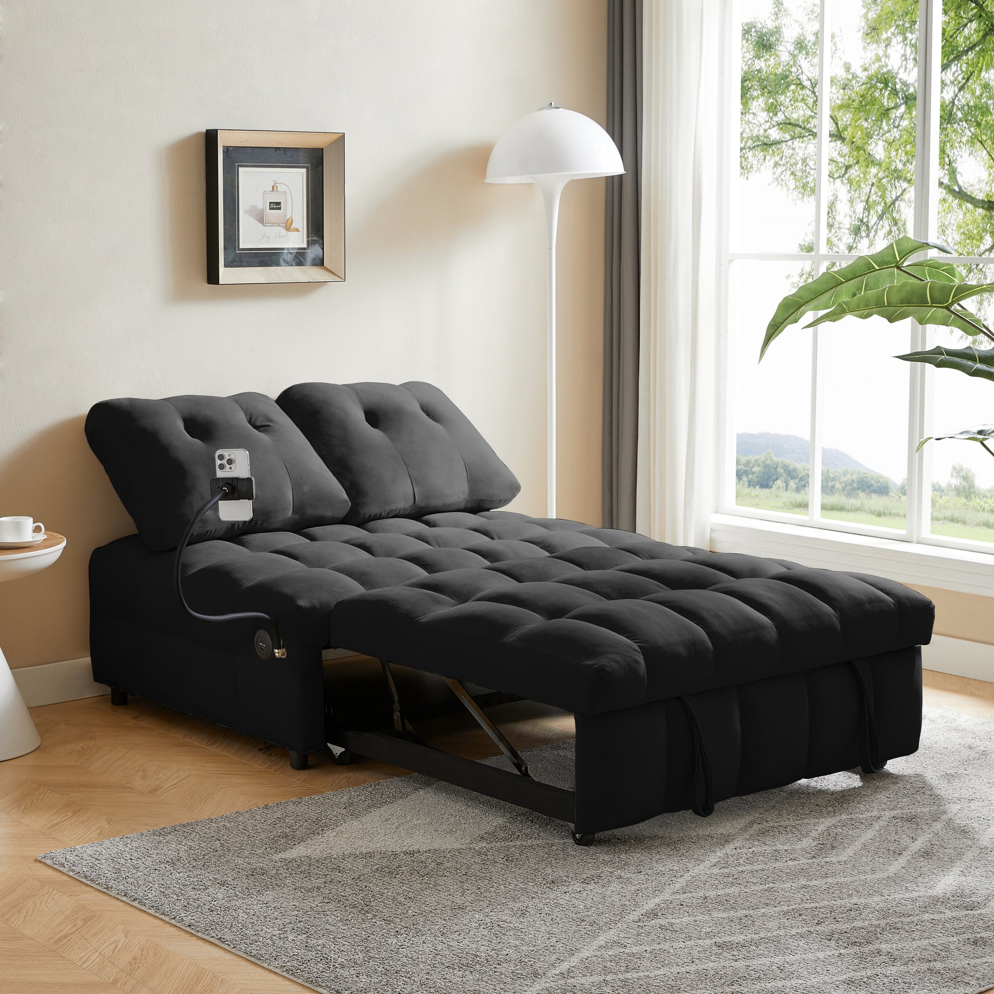 Modern Sofa Velvet Pull Out Bed,Independently Removable Backrest, Have Usb Port And Swivel Phone Stand ,Black Black Wood Velvet 2 Seat