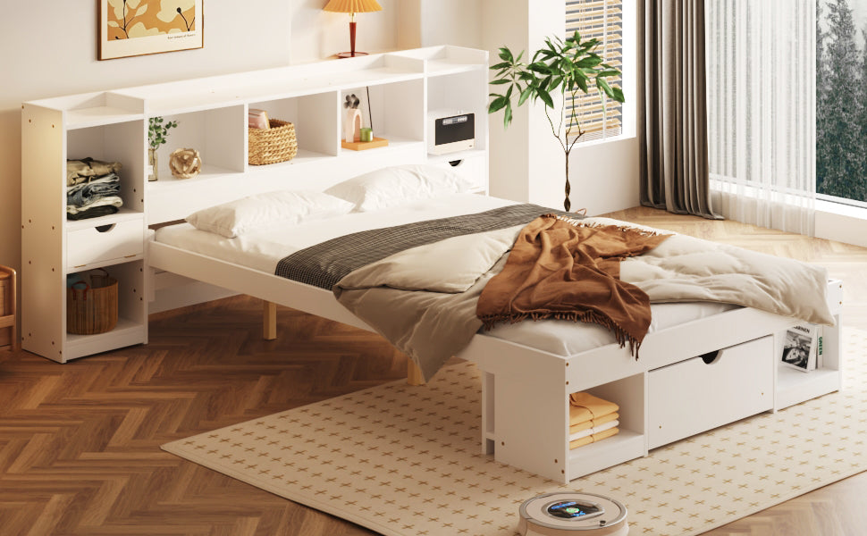 Queen Size Wood Platform Bed With Multi Storage Headboard And A Drawer, White Box Spring Not Required Queen White Wood Bedroom Bed Frame Solid Wood Mdf