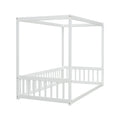 Twin Size Canopy Frame Floor Bed With Fence, Guardrails,White Twin White American Design Pine
