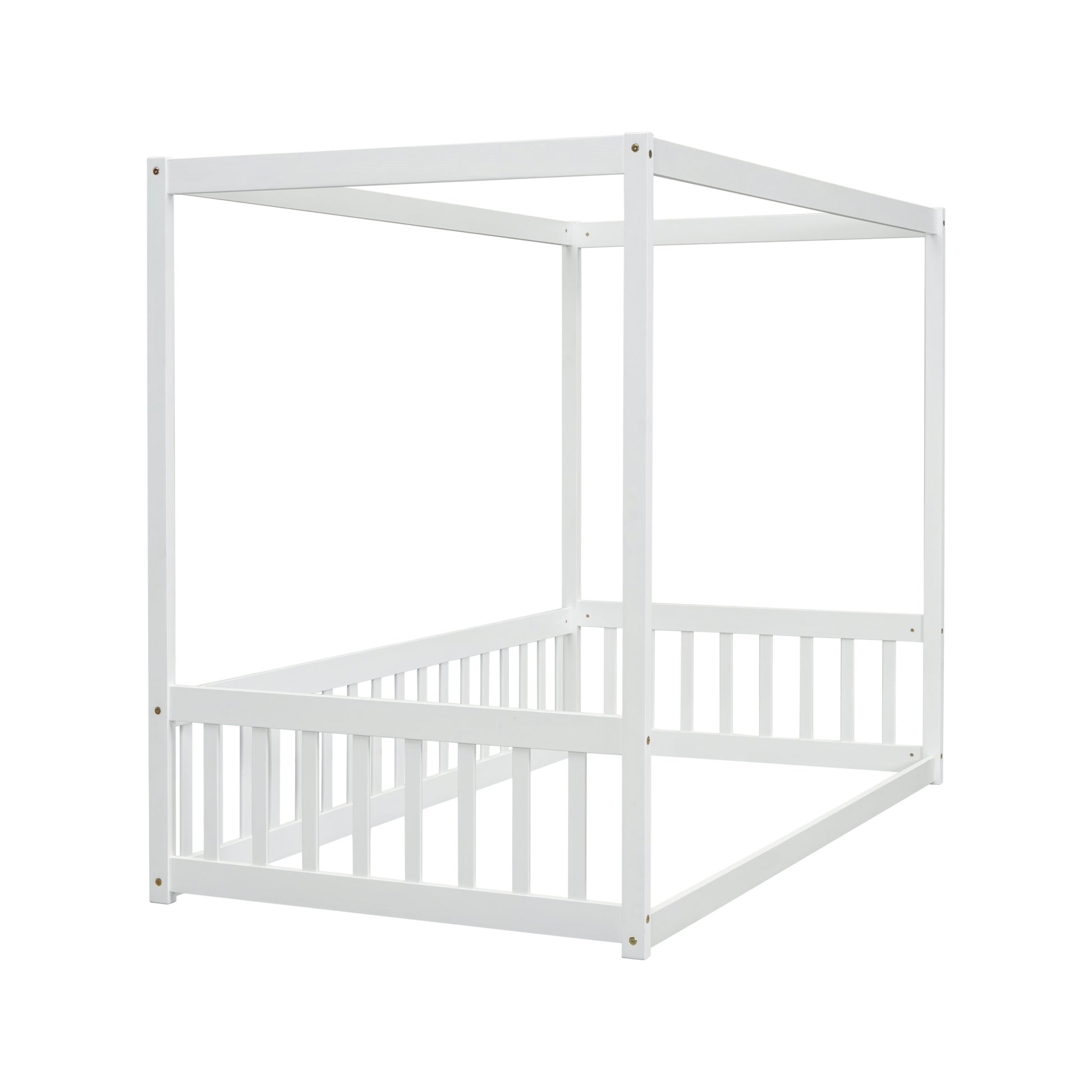 Twin Size Canopy Frame Floor Bed With Fence, Guardrails,White Twin White American Design Pine